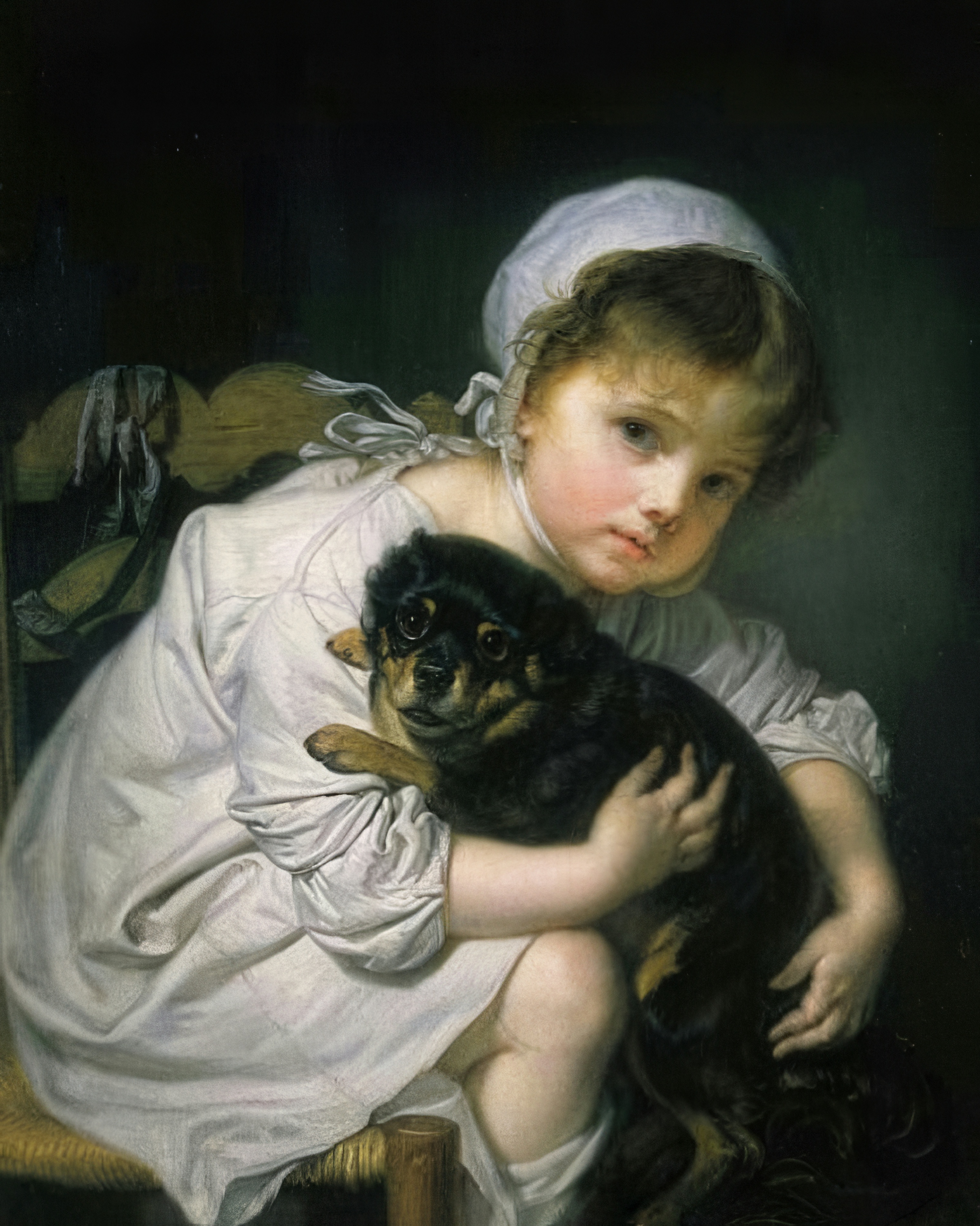 A young child in a white smock and bonnet kneels on a chair, hugging a small black dog.