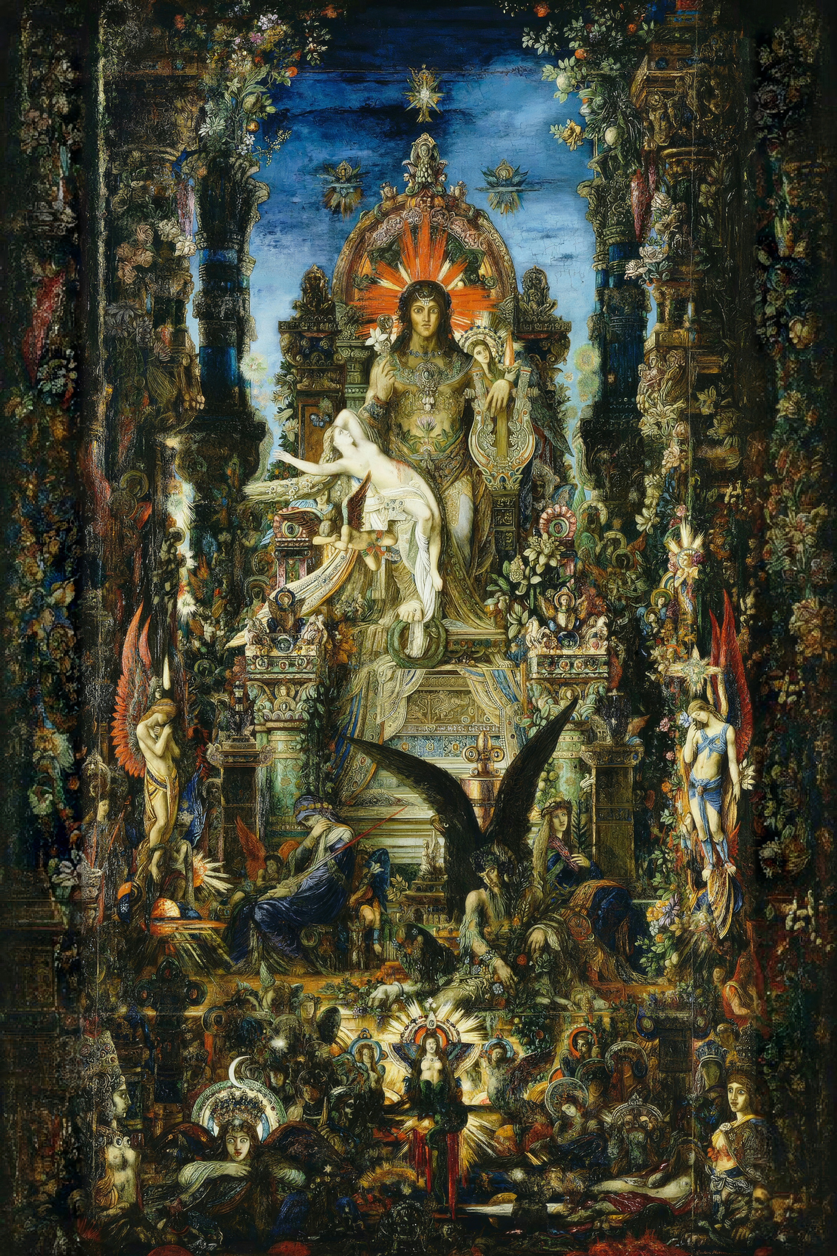 The god Jupiter sits enthroned in a blaze of colour while the mortal Semele swoons and dies in his lap.