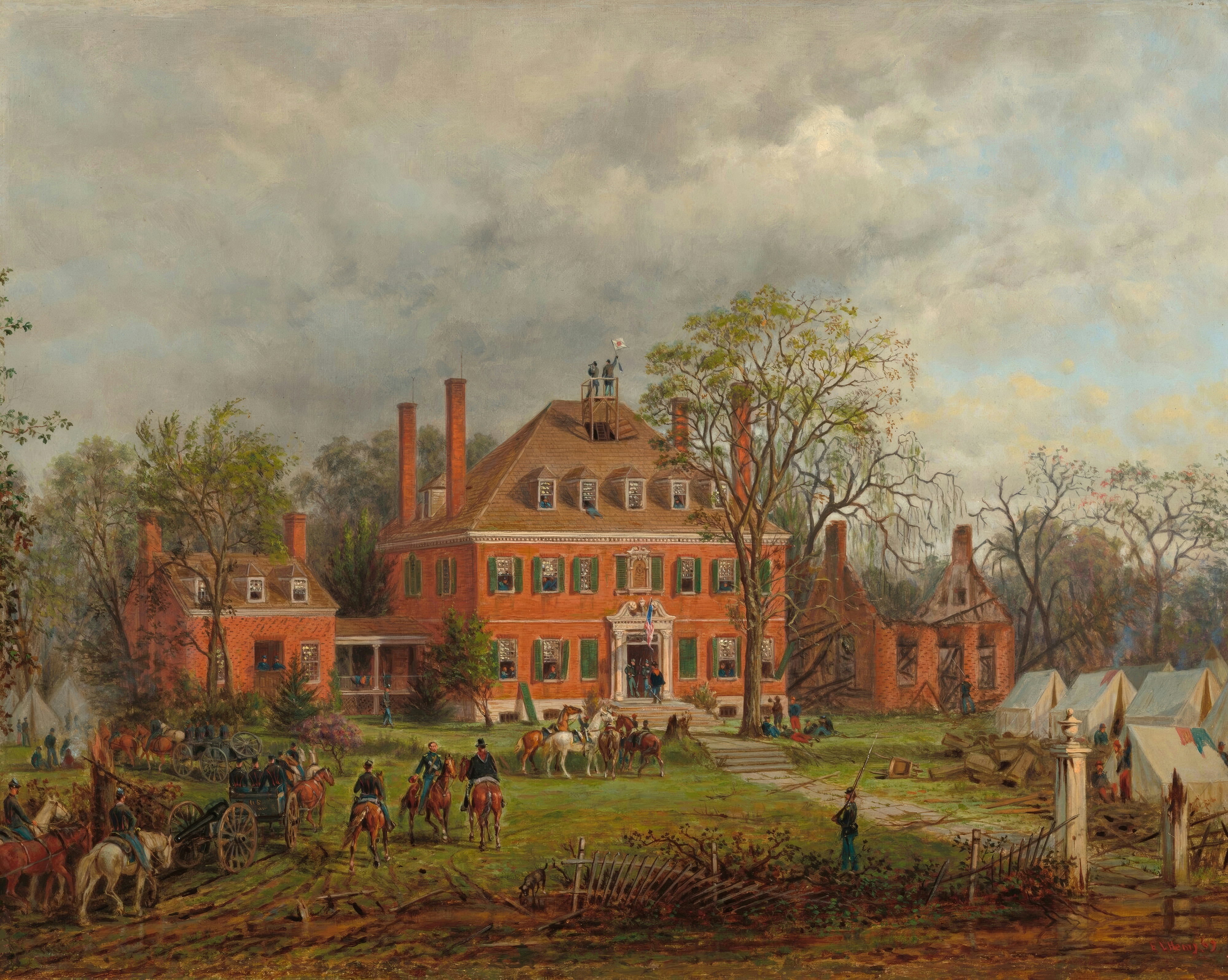 A red-brick Georgian plantation house with tall chimneys stands behind trees, with soldiers, horses and tents on the grounds.