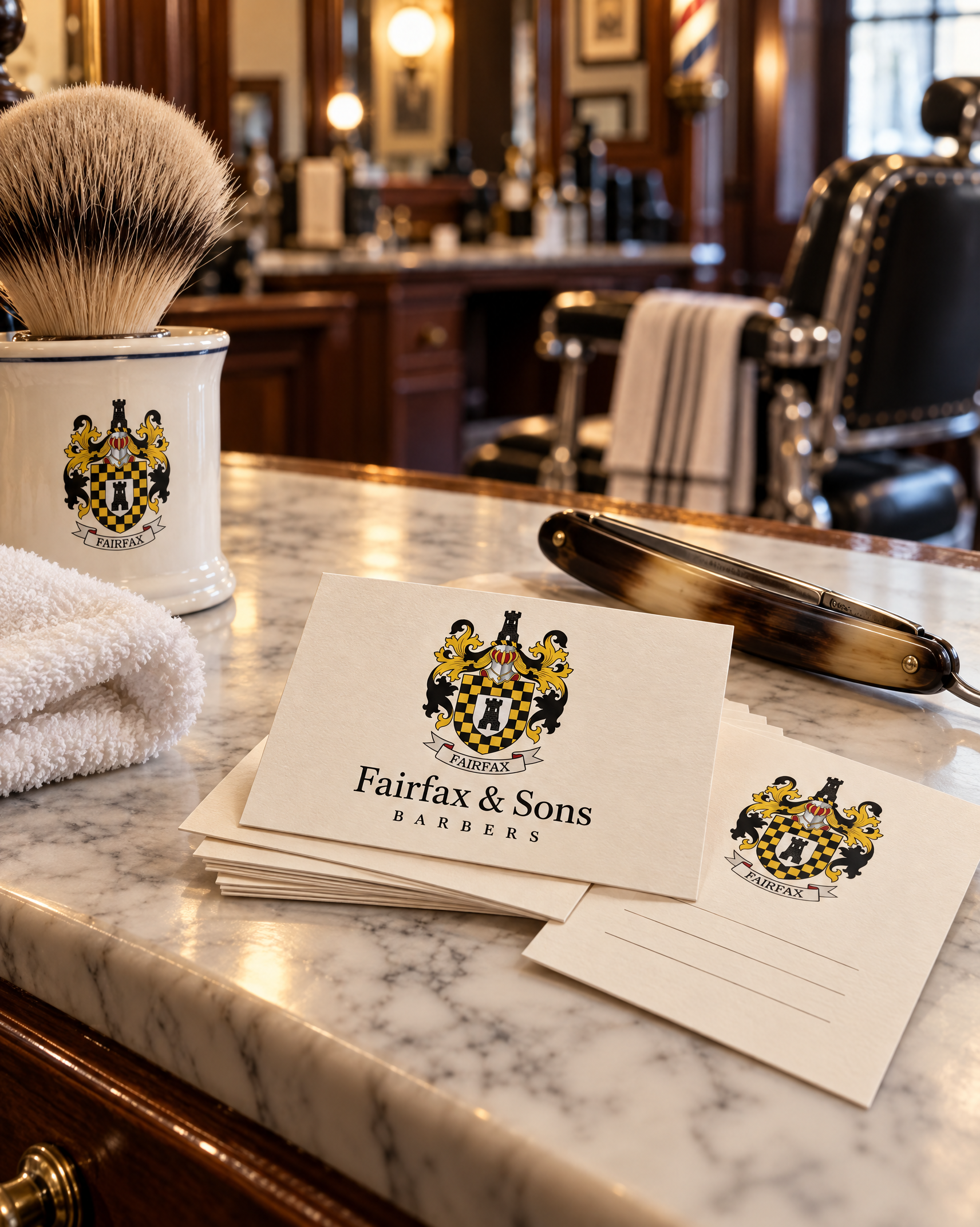 Fairfax & Sons barbers' cards with a gold and black chequered coat of arms and a tower, on a marble counter beside a straight razor and shaving brush.