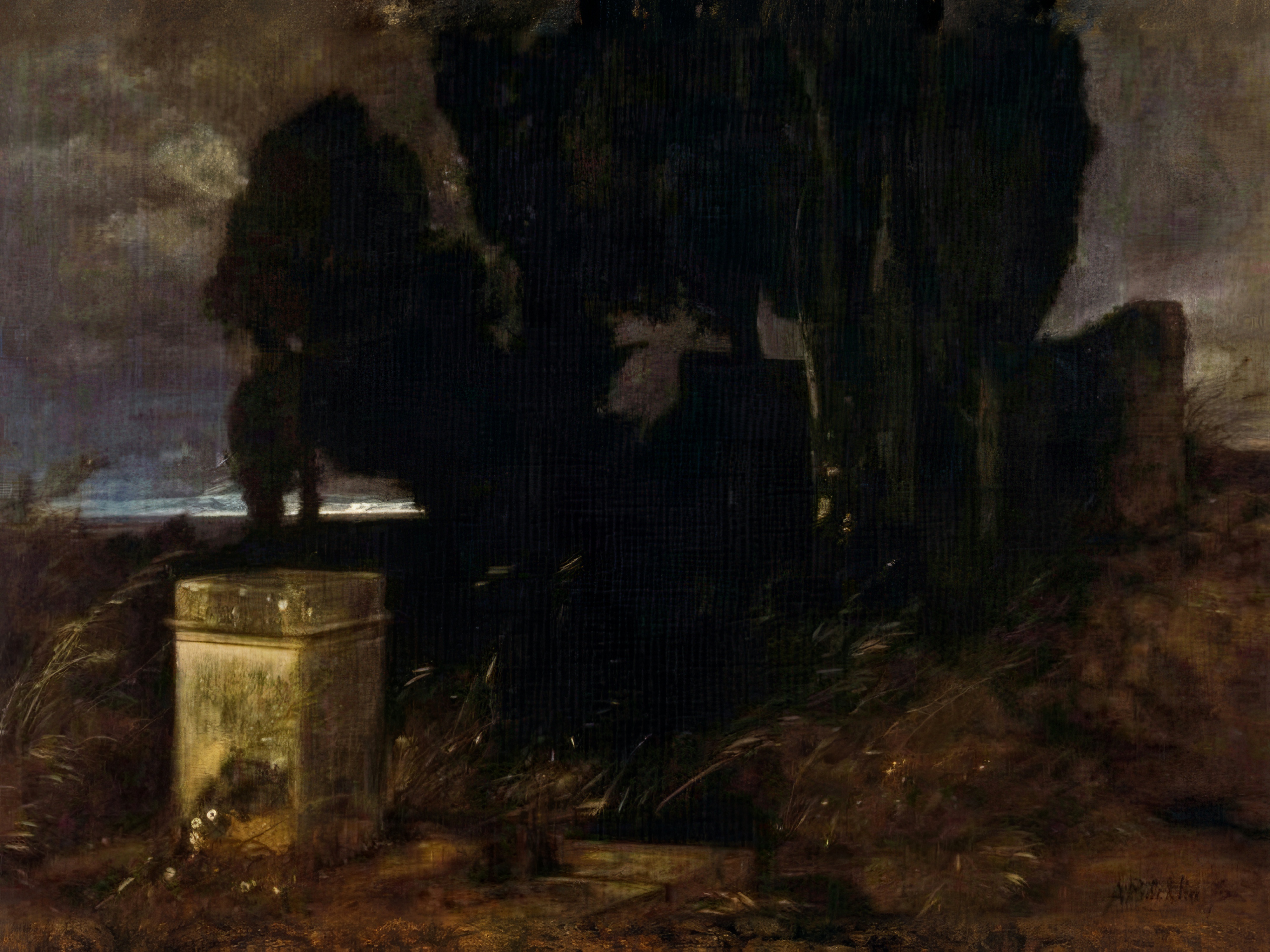 A weathered stone shrine lit at dusk in front of a dark grove of cypress trees.