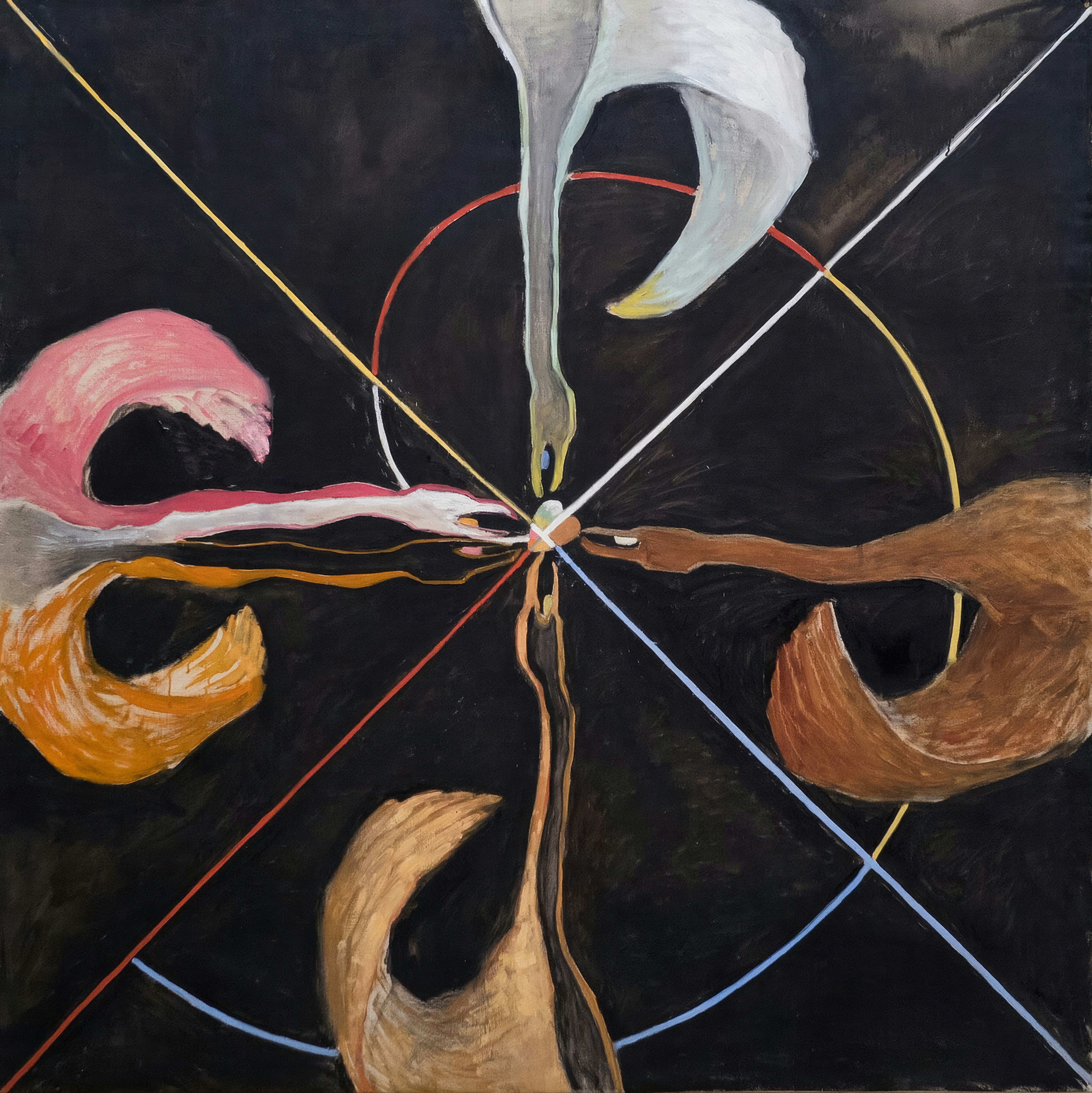 Four stylised swans meet at the centre of a radiating design on a black ground.
