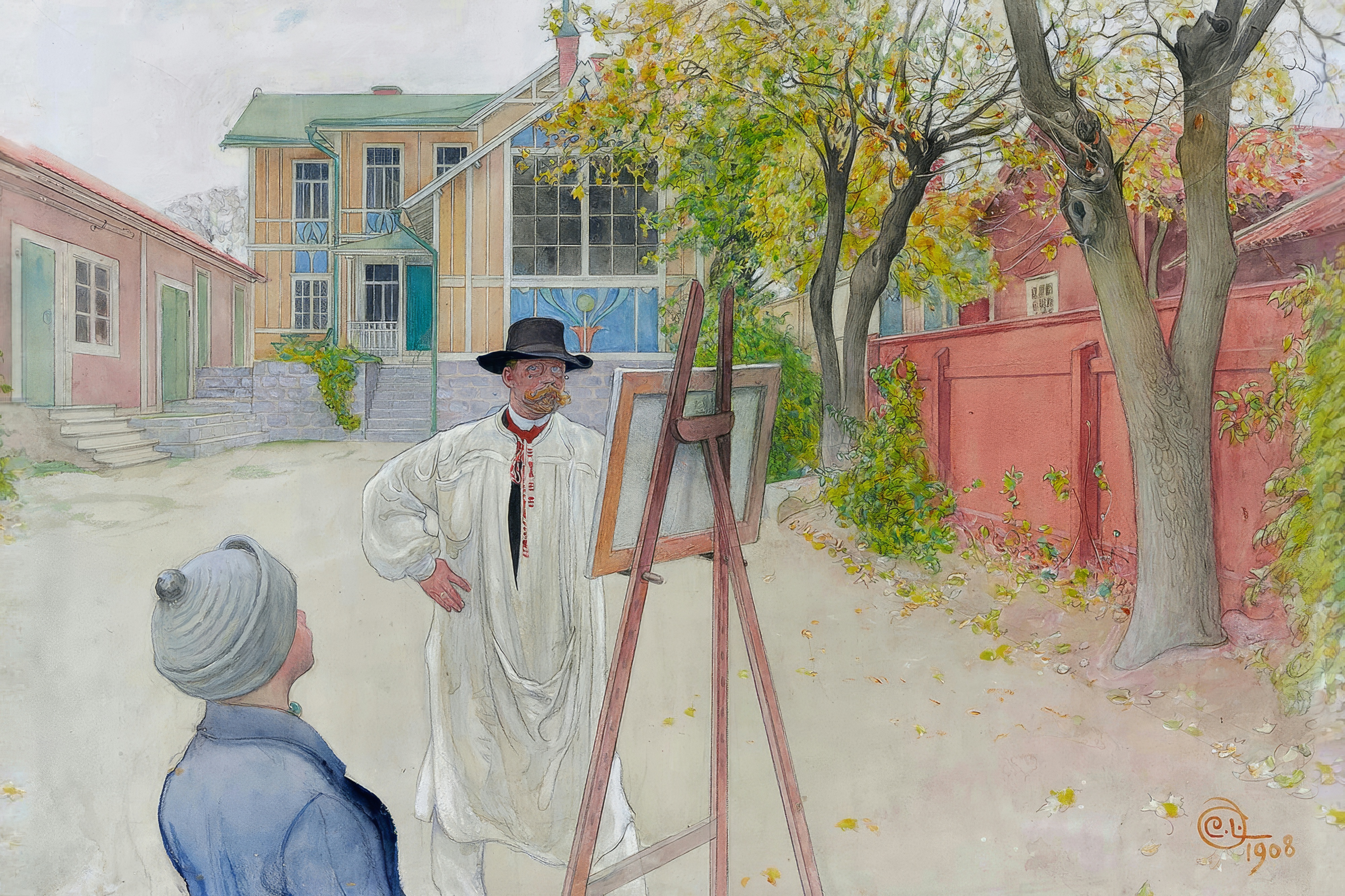 A painter in a white smock stands at his easel in a pale gravel courtyard.