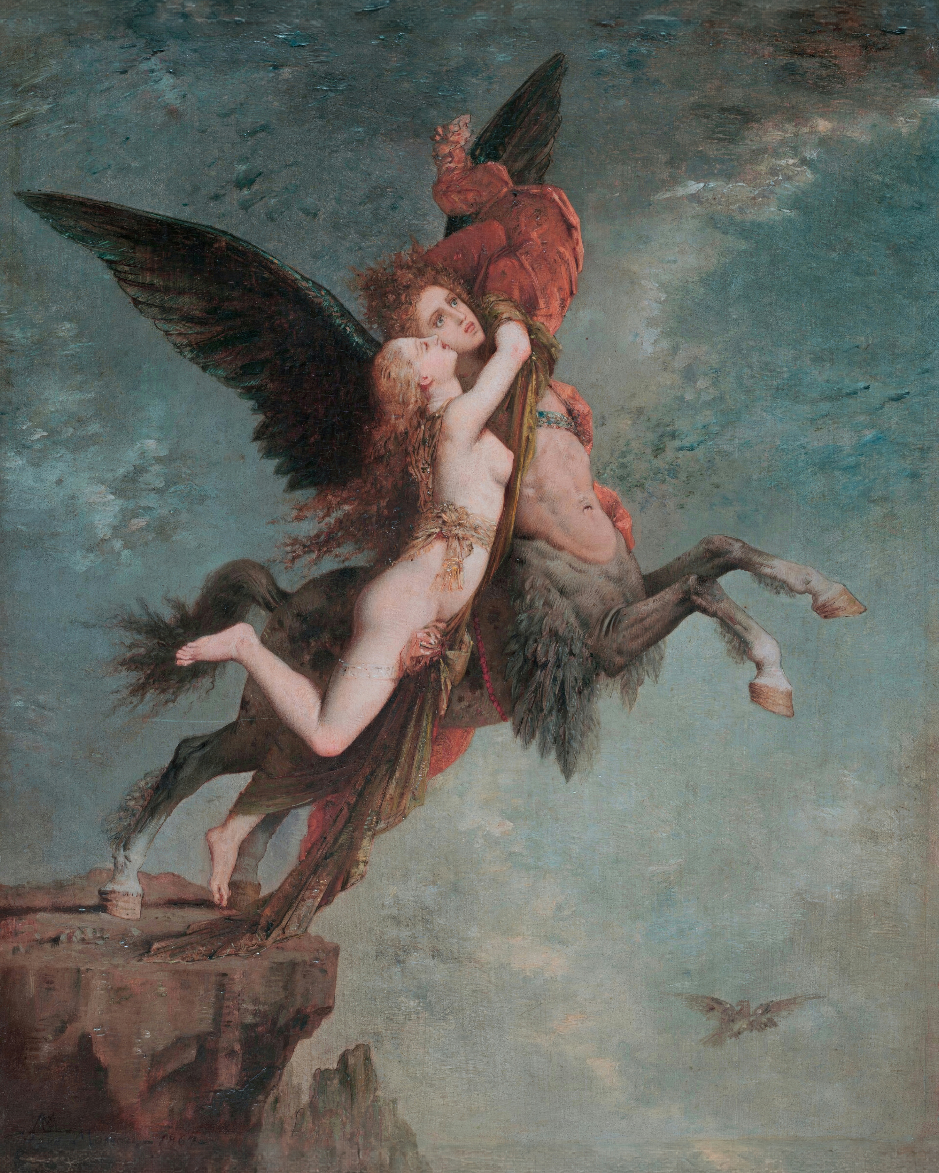 A winged centaur leaps from a cliff carrying a swooning woman who clings to his neck.