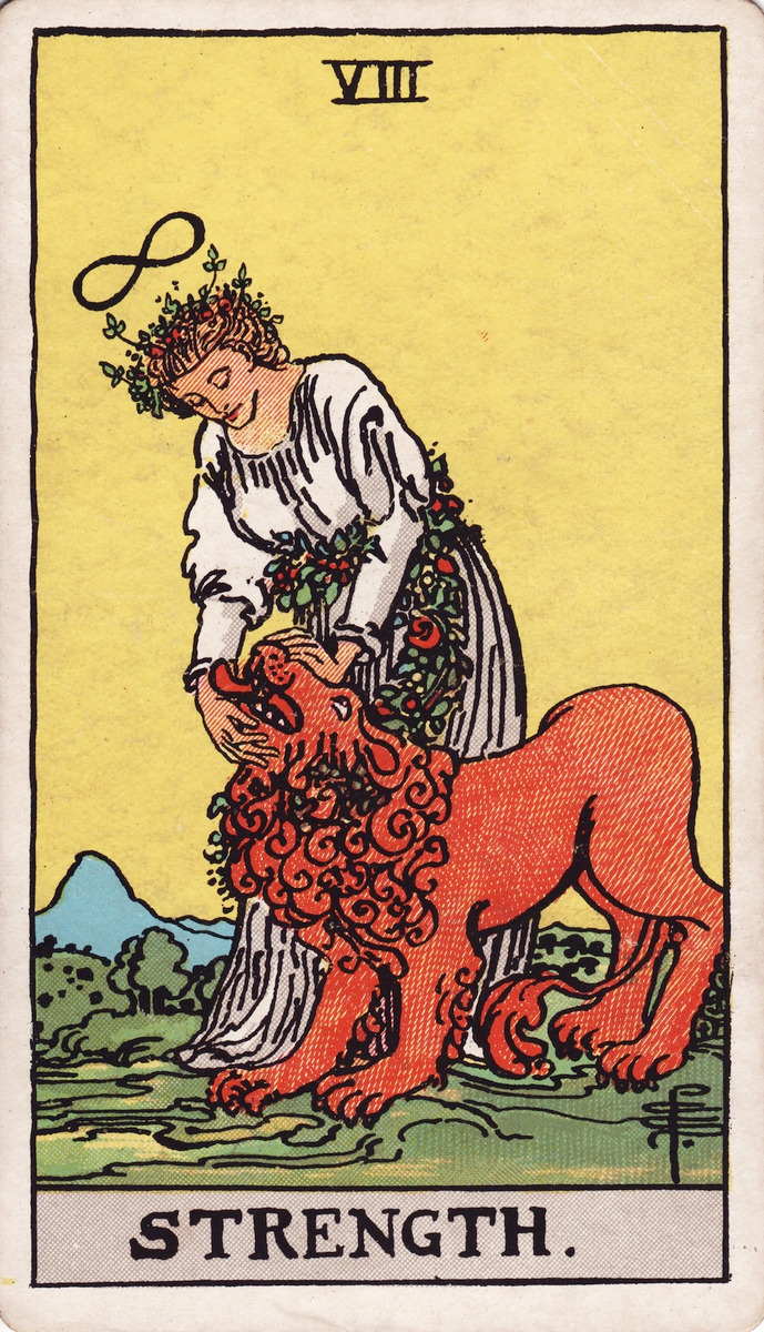 Strength (VIII) · Rider–Waite–Smith tarot (public domain)