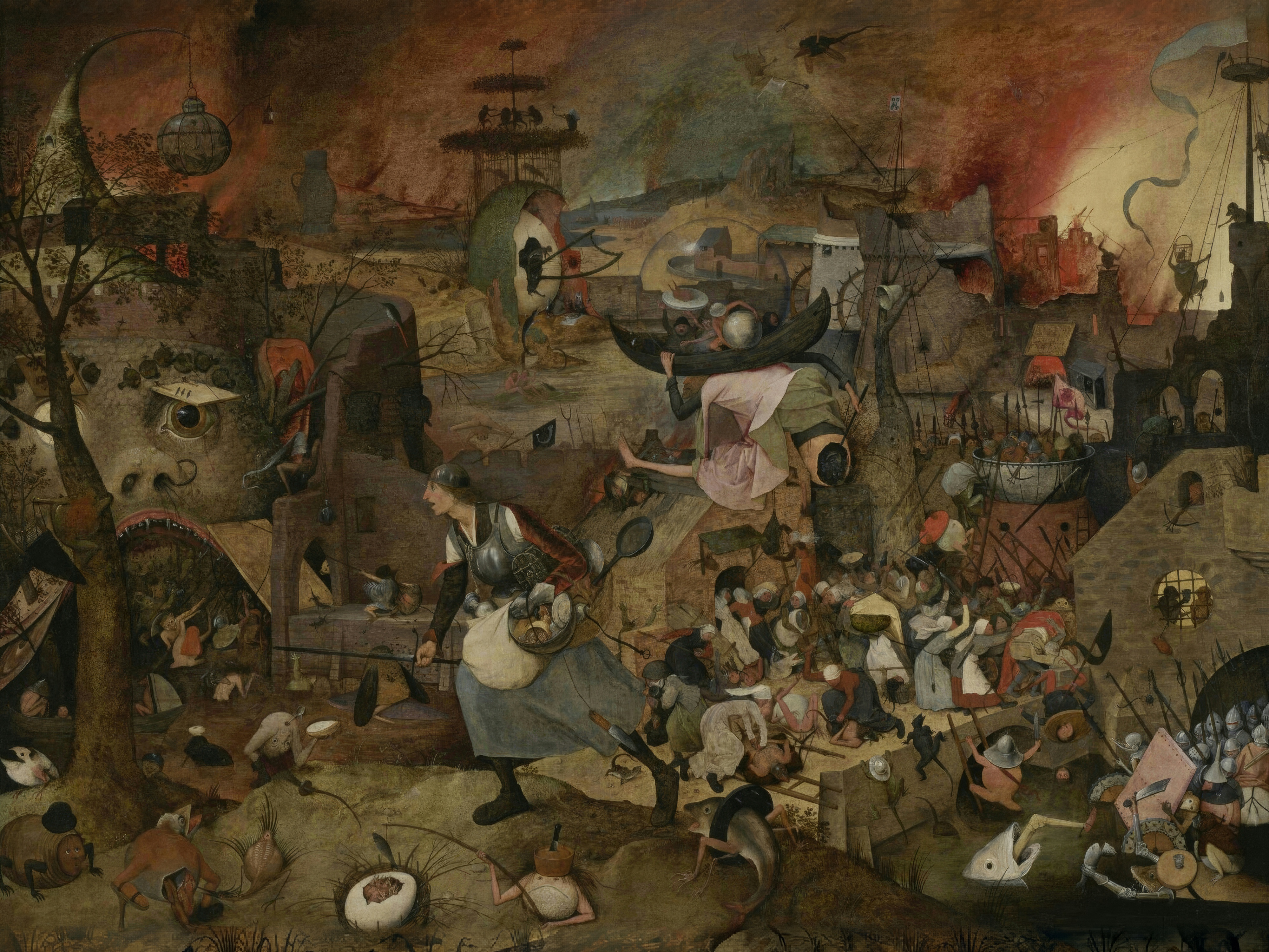 A woman in armour strides across a hellish landscape full of monsters and burning buildings.