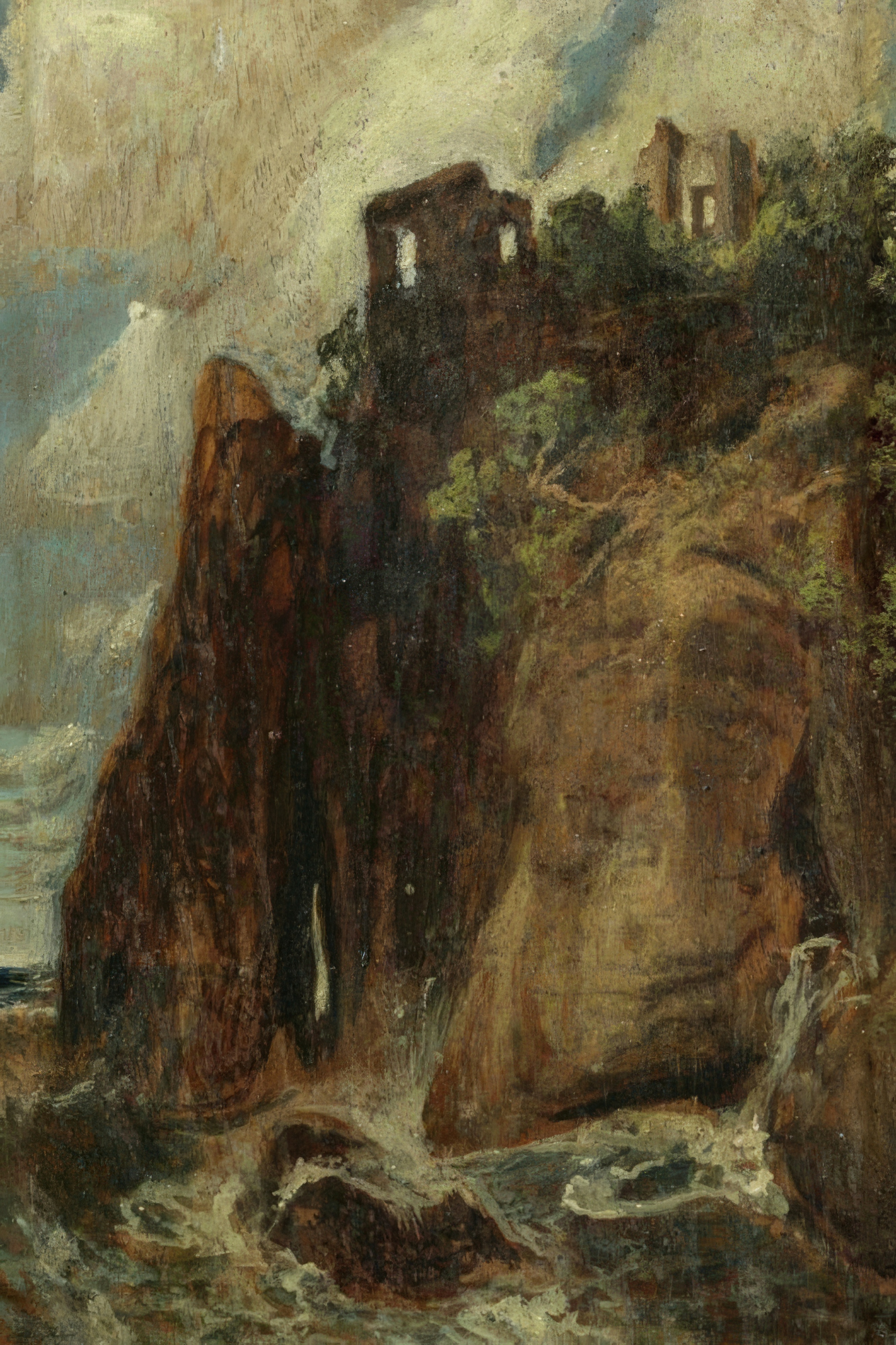 A castle ruin stands on a sheer cliff above a restless sea under a turbulent sky.