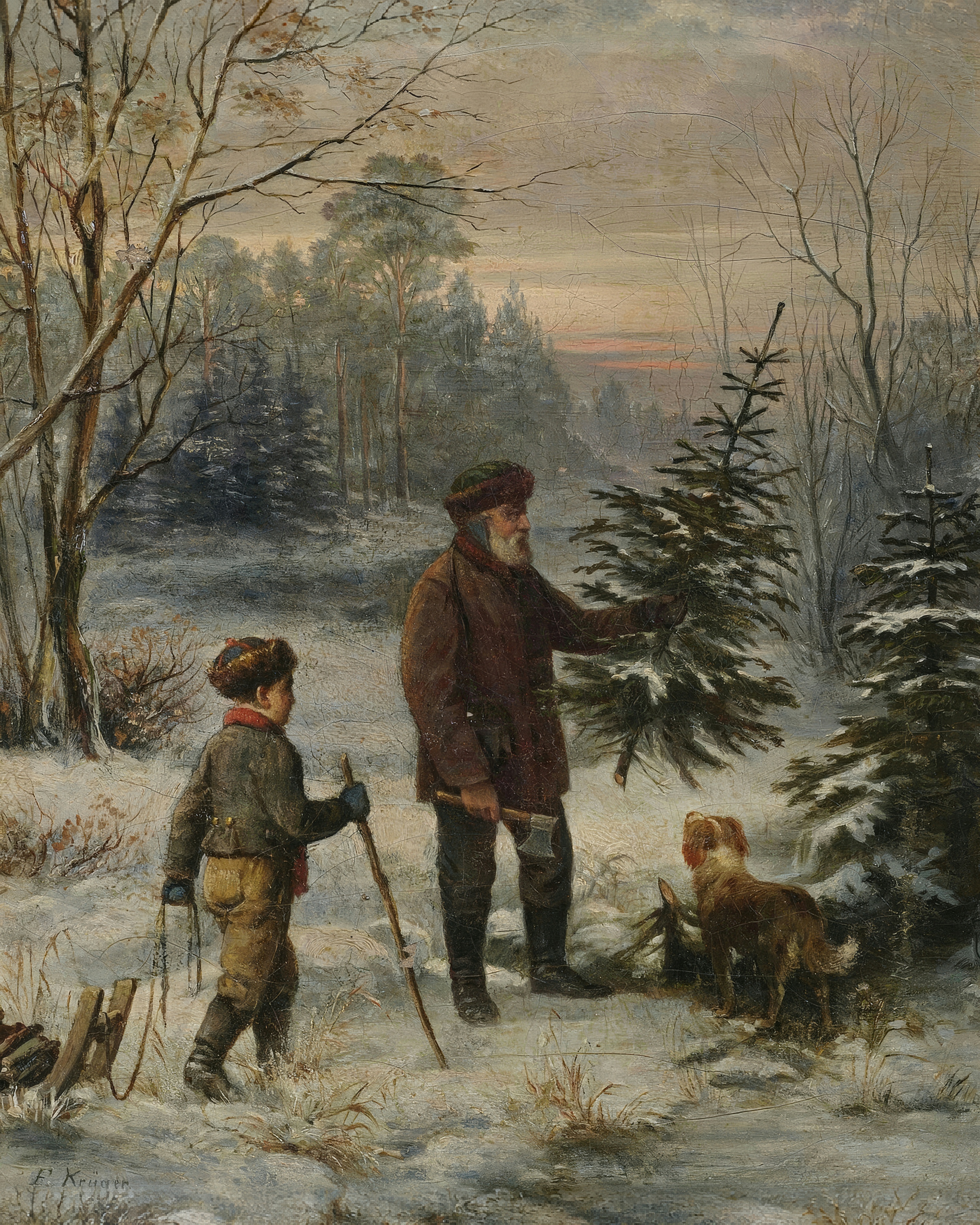A bearded man holding an axe and a freshly cut fir stands with a boy and his sled in a snowy pine wood, a hunting dog at their feet.