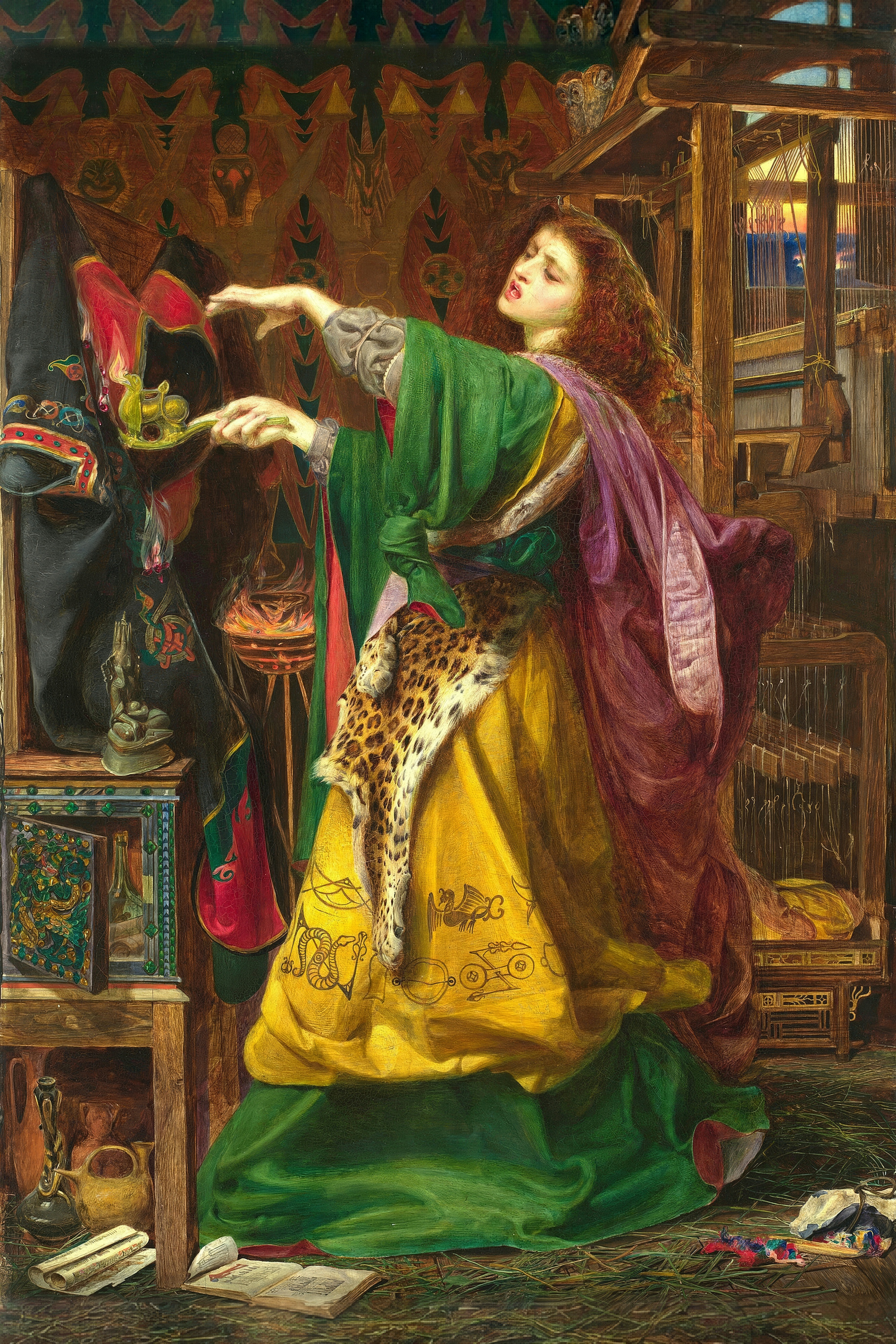 The sorceress Morgan le Fay works a spell over an embroidered robe with a golden lamp in a rich interior.