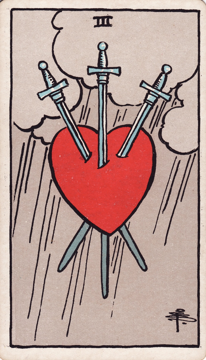 The Three of Swords · Rider–Waite–Smith tarot (public domain)