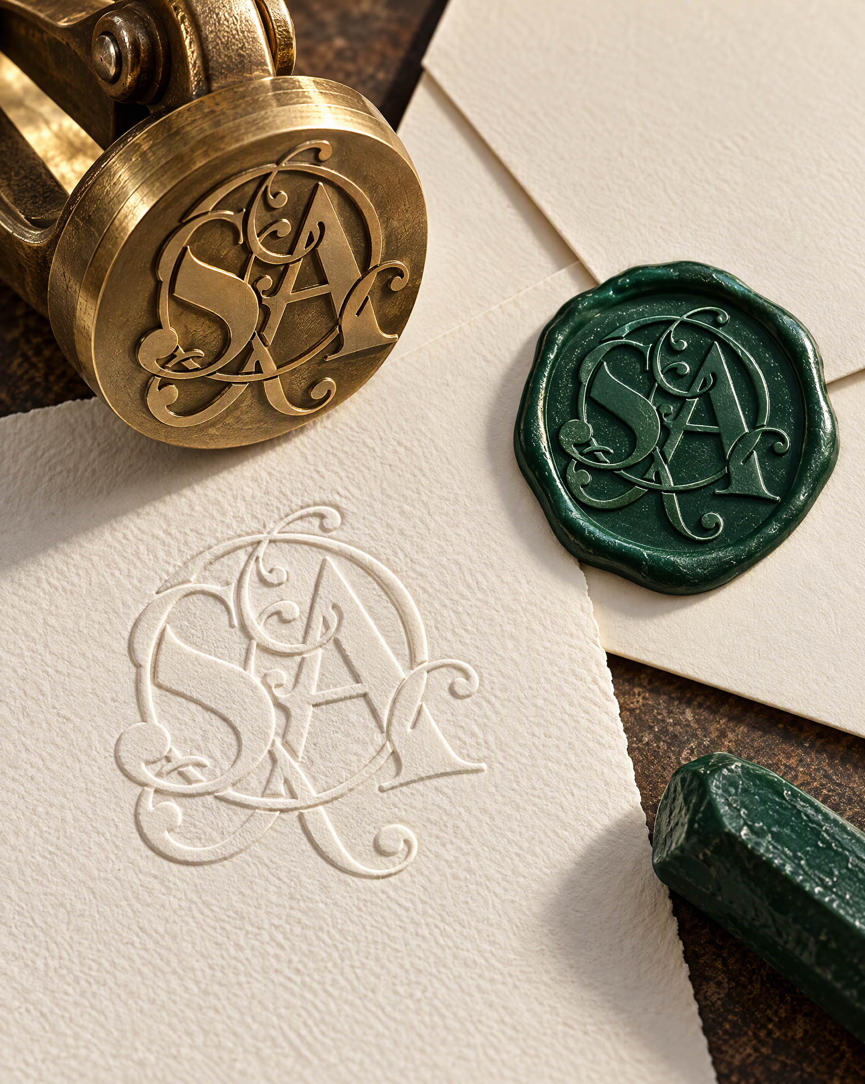 A brass embosser with an S and A monogram, the same monogram blind-embossed on ivory paper and pressed into a green wax seal on an envelope.