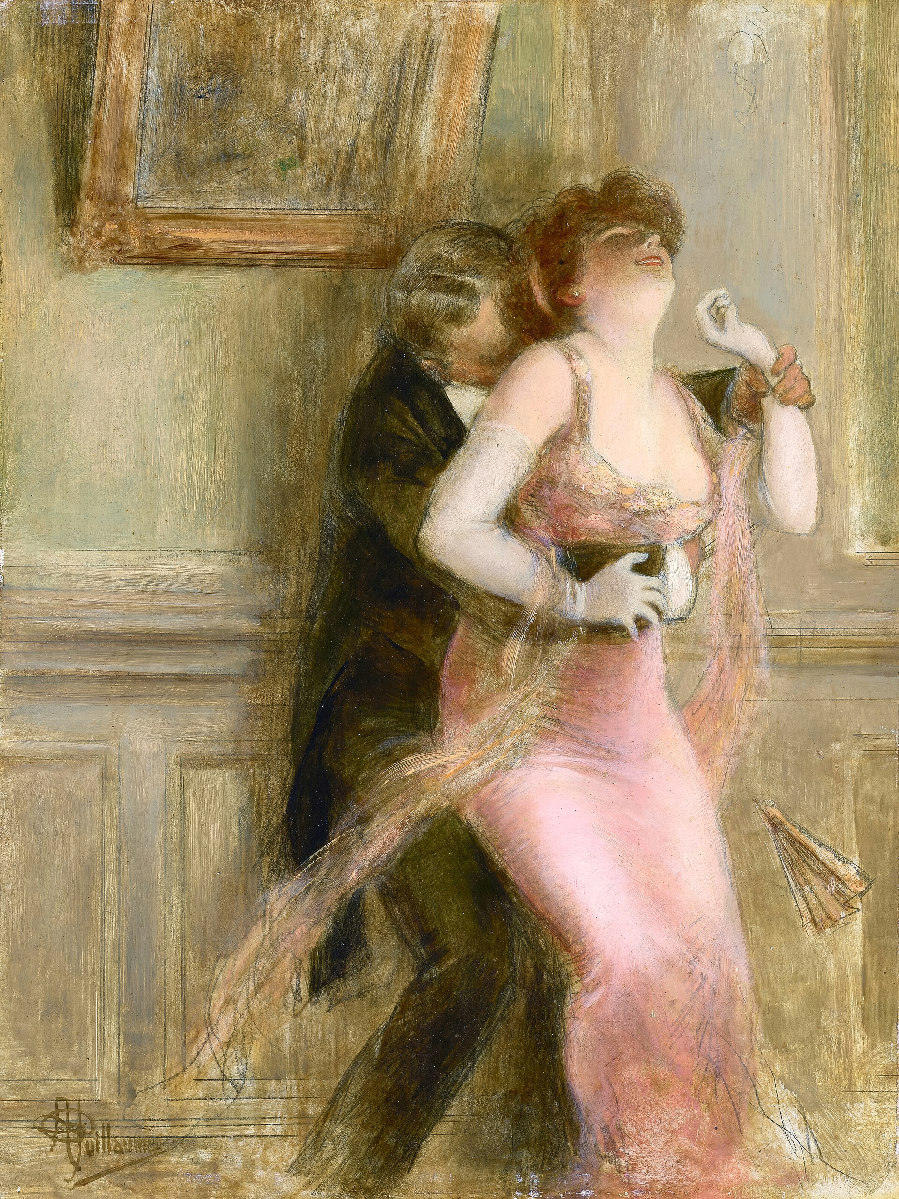 A man in a black coat kissing the neck of a woman in a pink evening gown who tilts her head back with eyes closed, in a pale hallway; painted by Albert Guillaume.