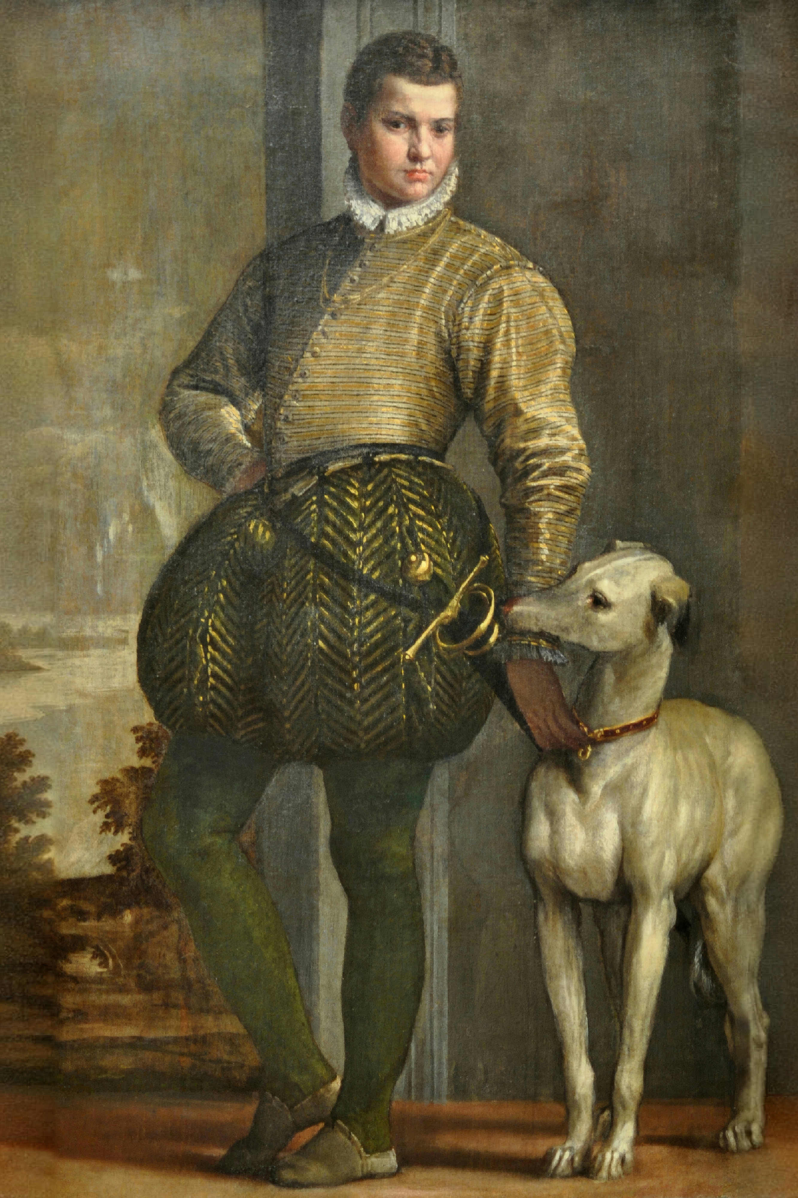 A young Venetian nobleman in a gold-striped doublet and ruff stands beside a greyhound.