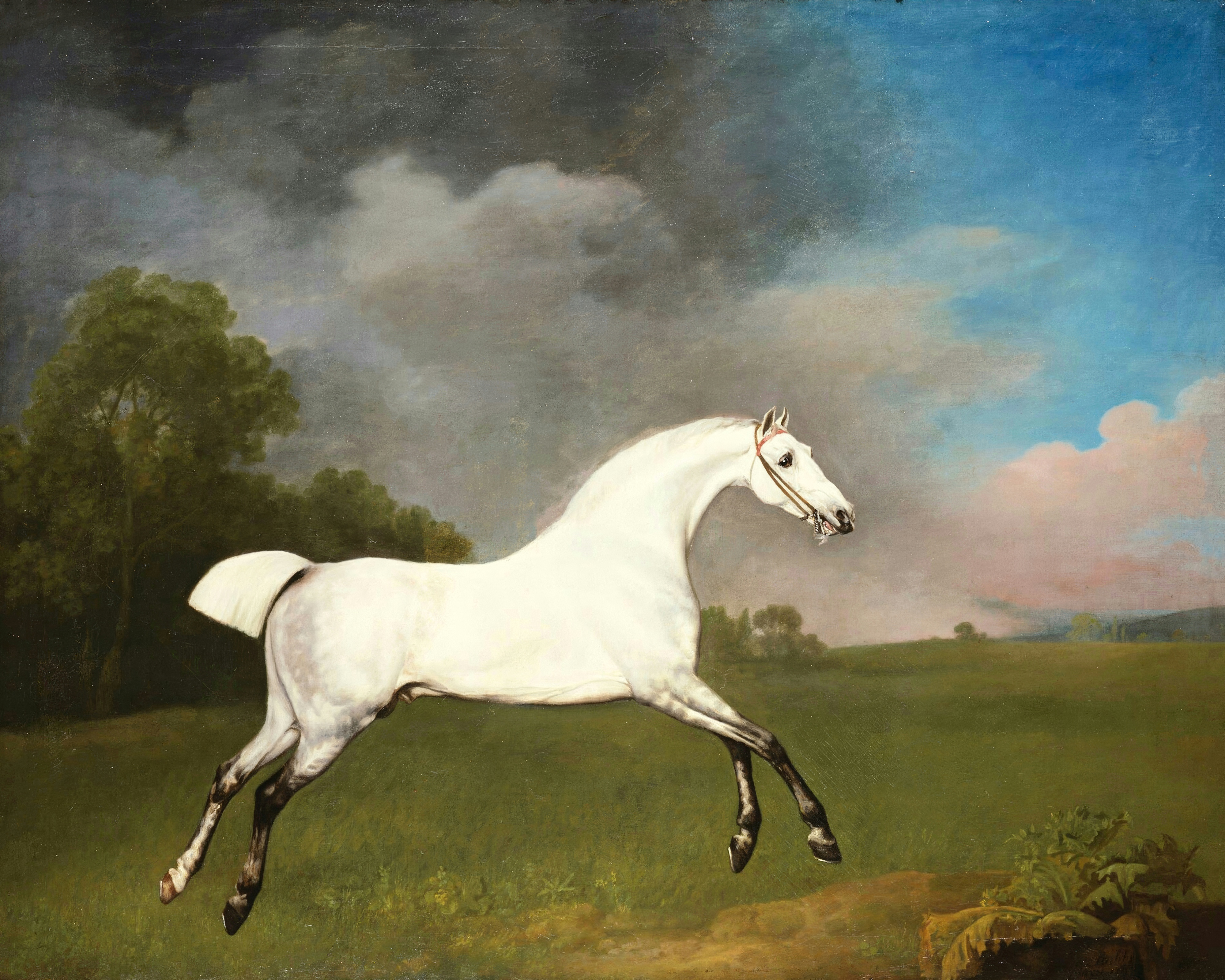 George Stubbs's grey horse galloping across a green field under a stormy sky, all four legs outstretched.