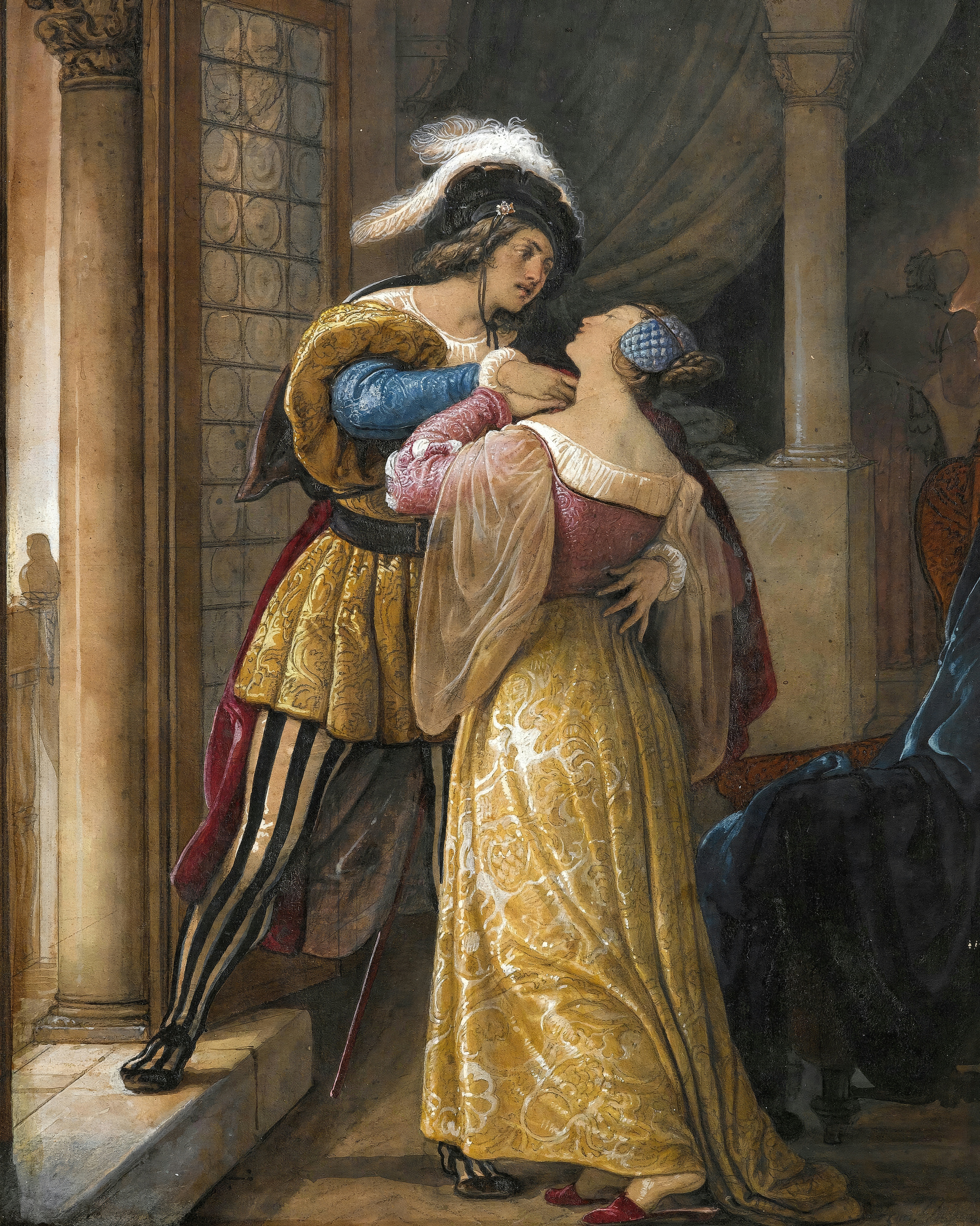 Romeo, in a plumed hat and striped hose, holding Juliet in a golden gown in a stone doorway as he leaves at dawn; painted by Francesco Hayez.
