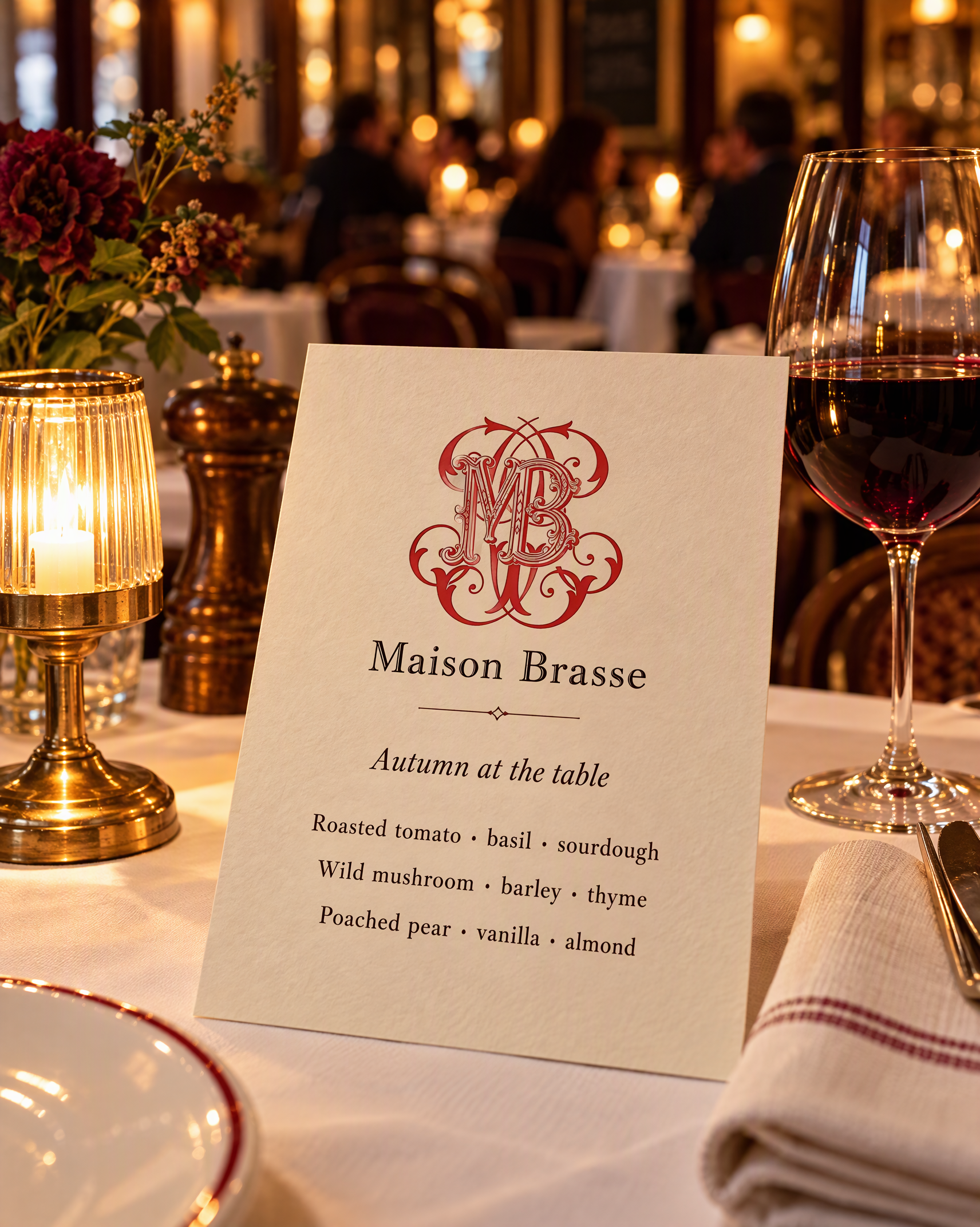 A Maison Brasse menu card with a red interlaced M and B monogram and three autumn dishes, on a candlelit brasserie table beside a glass of red wine.