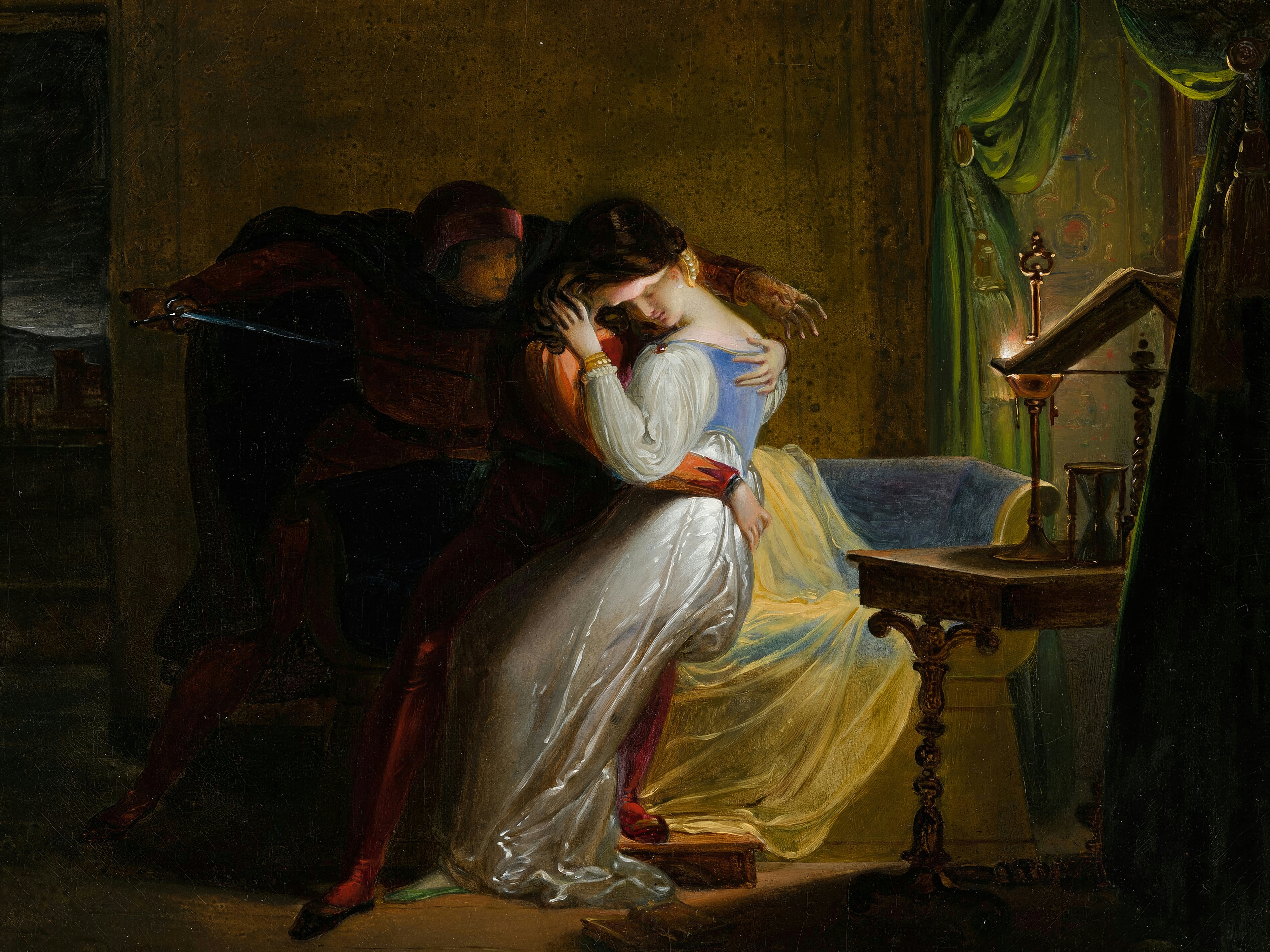 Paolo embracing and kissing Francesca, who sits in a pale satin gown, in a dim room with a lectern and green curtain, while a man with a drawn sword approaches from the shadows; painted by Pierre Claude François Delorme.