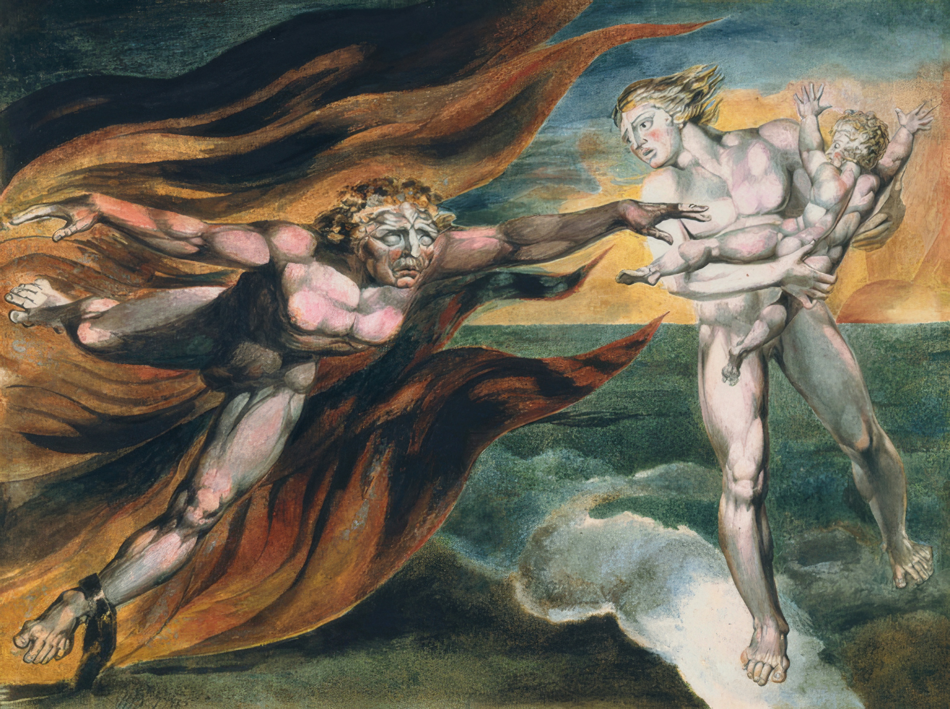 A bright angel holding a child flies from a dark, chained angel who reaches out of flames.