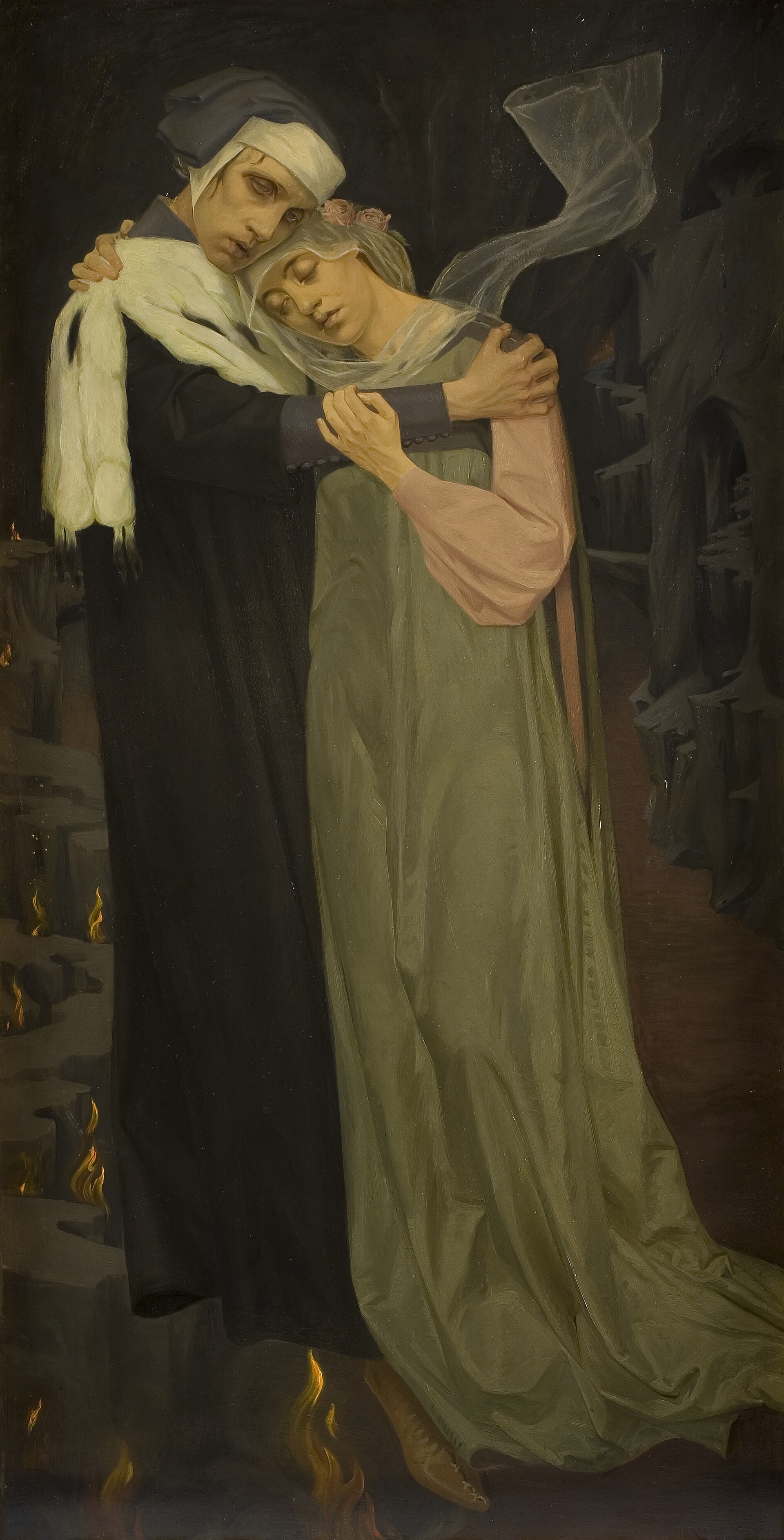 Two tall figures, Paolo and Francesca, in dark and green cloaks with pale headcloths, pressed together in a dark wind with small flames below; painted by Harald Slott-Møller.