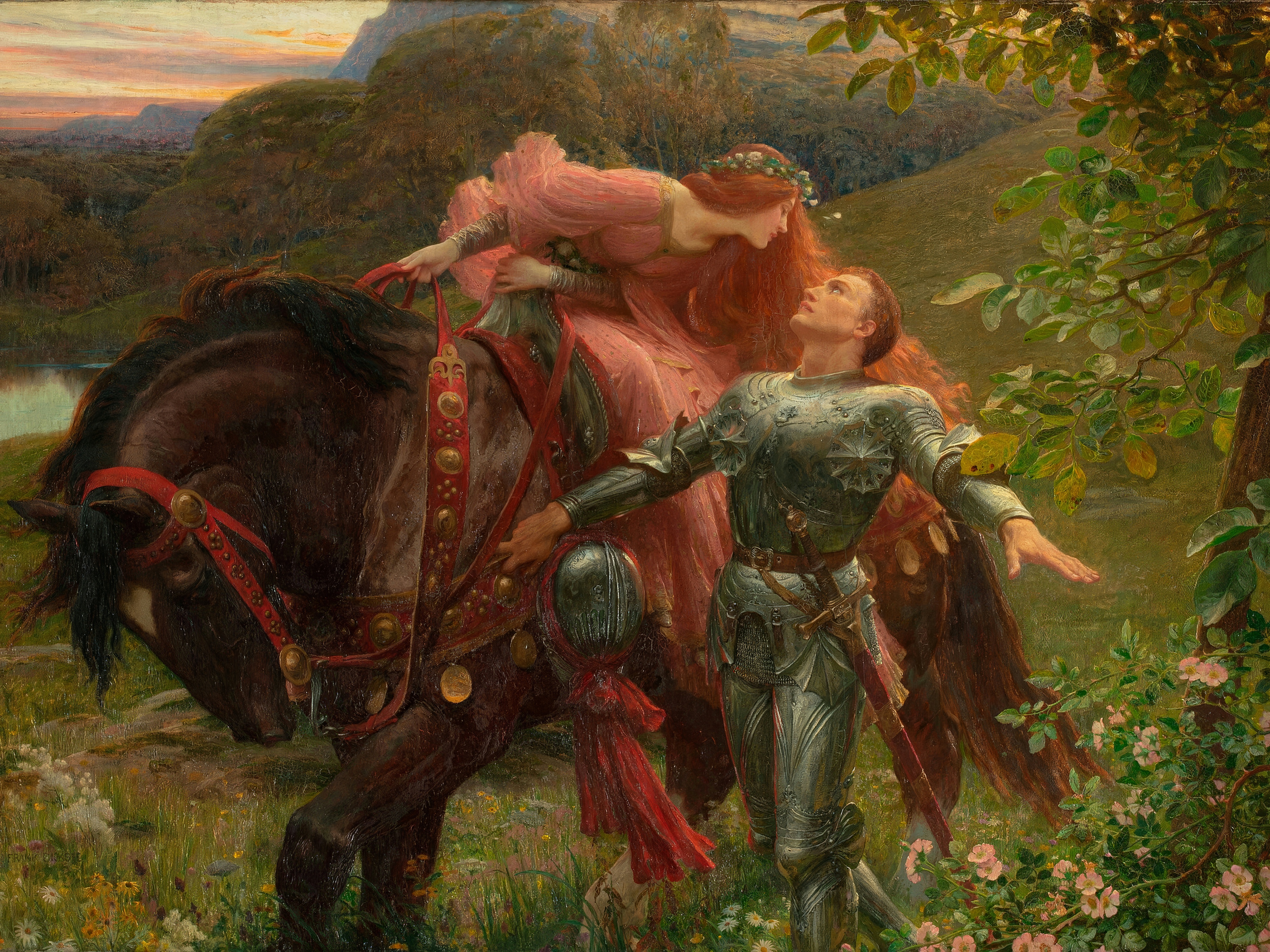 A lady in a rose-pink gown leaning down from a black horse towards a knight in armour who walks beside her looking up, in a green meadow at dusk; painted by Frank Dicksee.