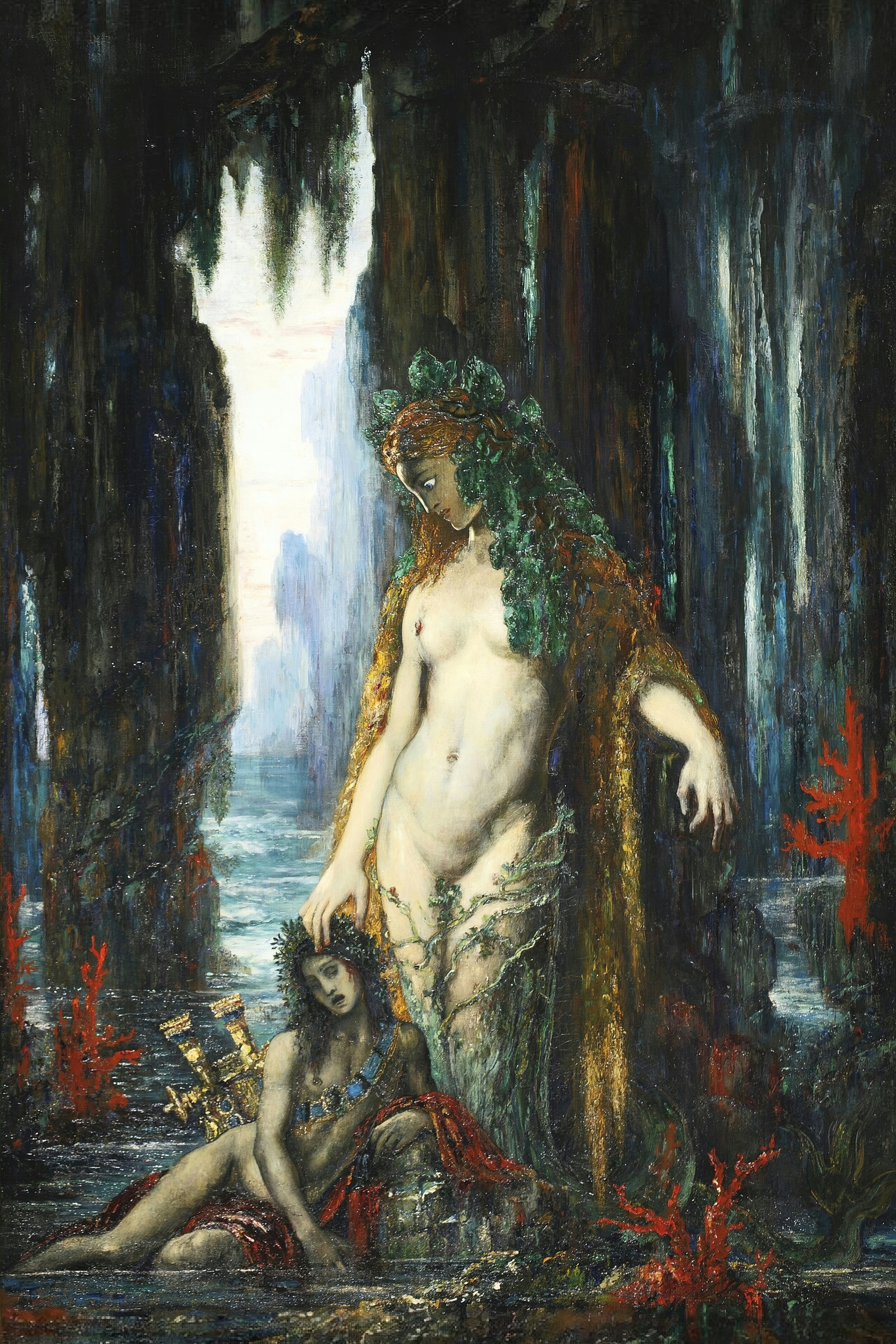 A towering siren draped in seaweed stands over a small poet lying at her feet.