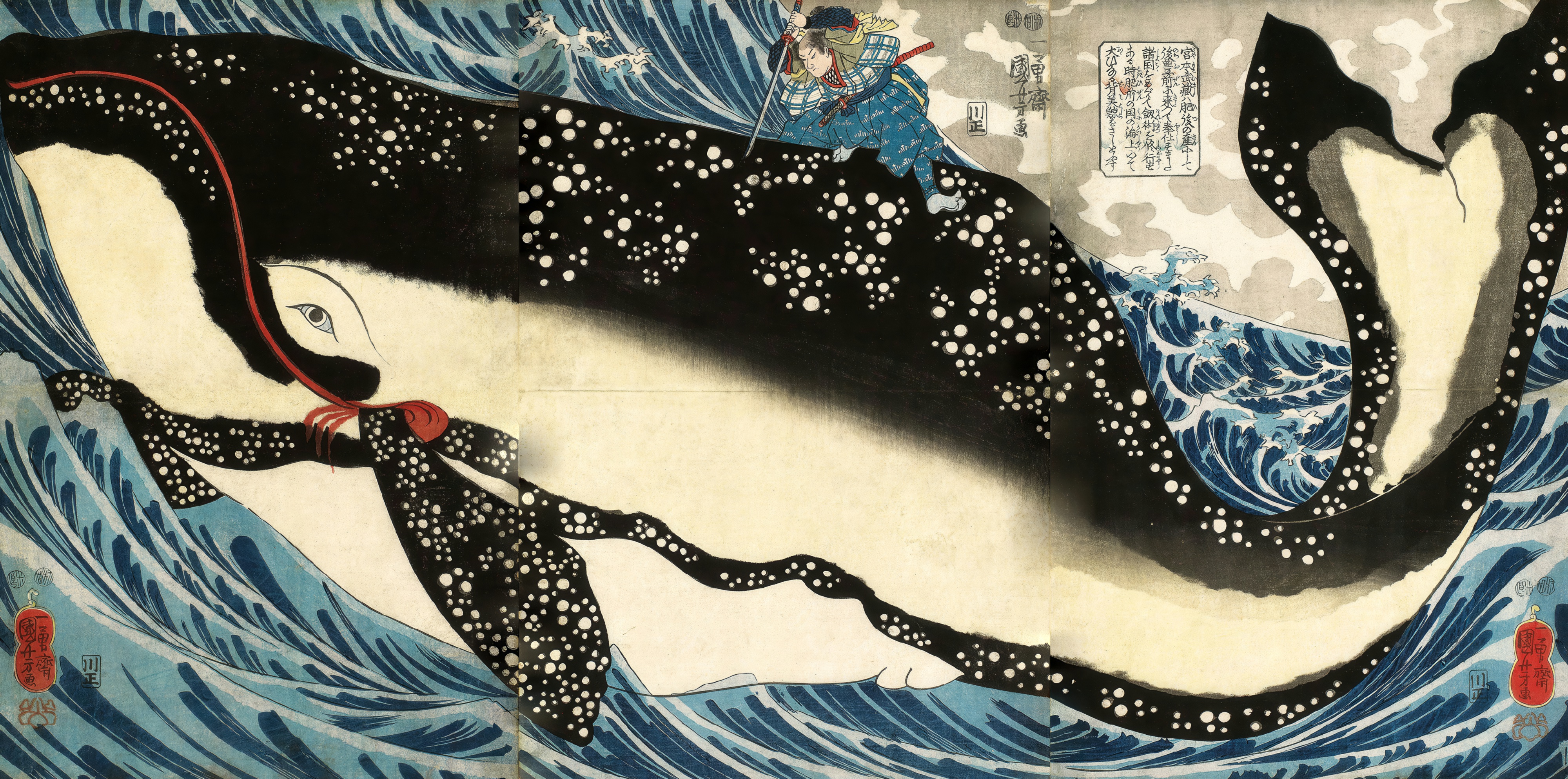 A swordsman stabs into the back of a giant whale that fills the whole picture.