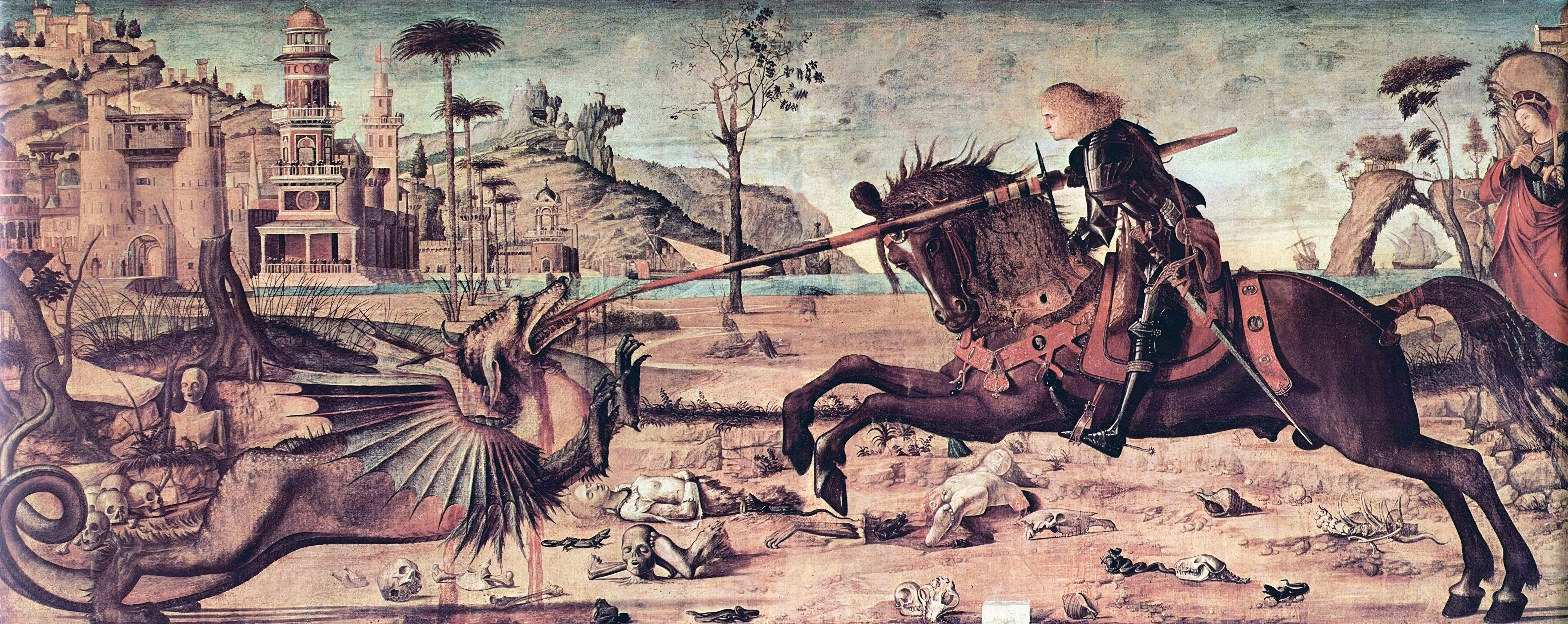 Wide Venetian painting of Saint George charging a dragon with his lance across a field of bones, a princess and city behind.