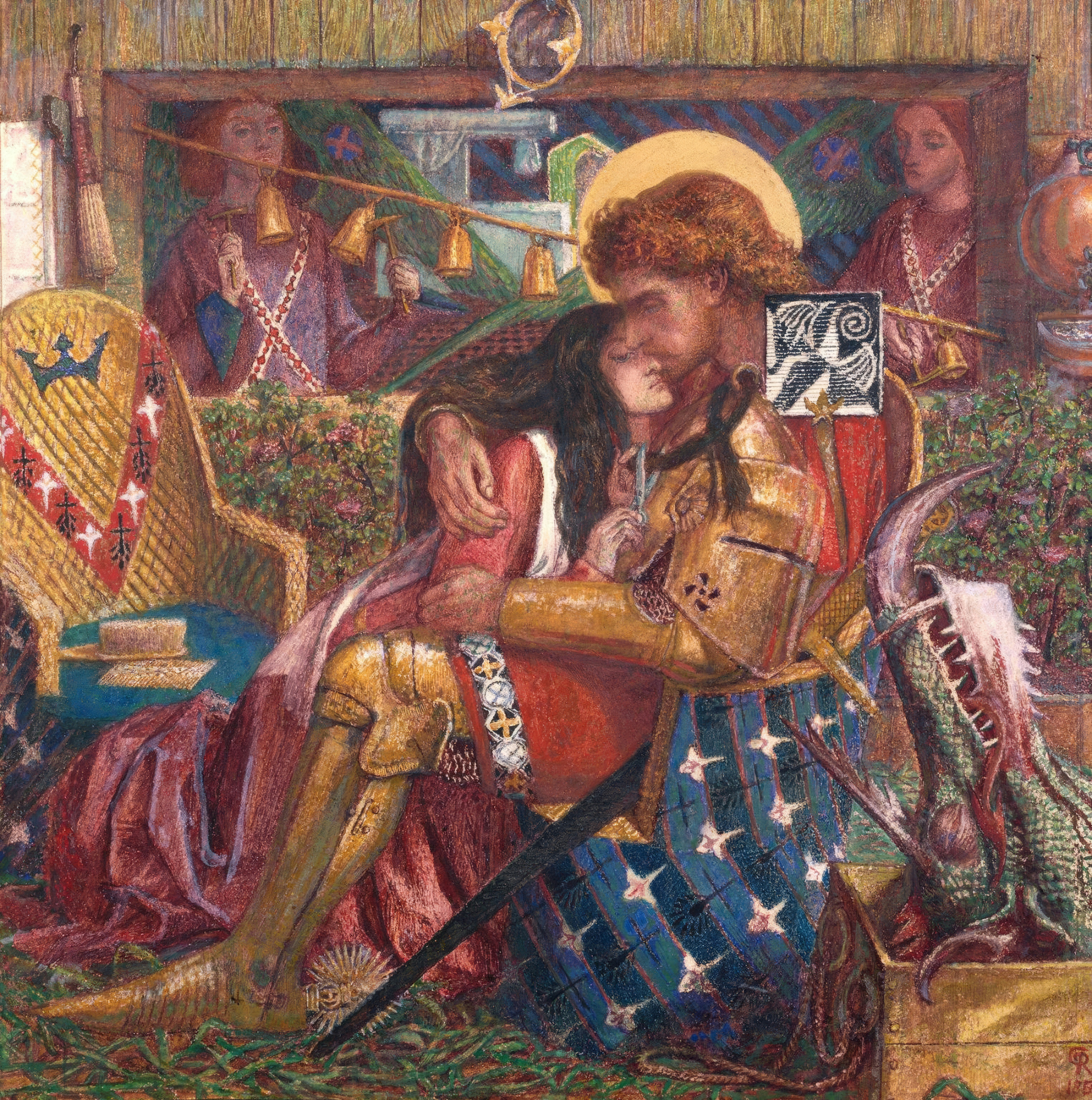A knight in golden armour embraces a princess in a crimson gown in a richly patterned chamber.