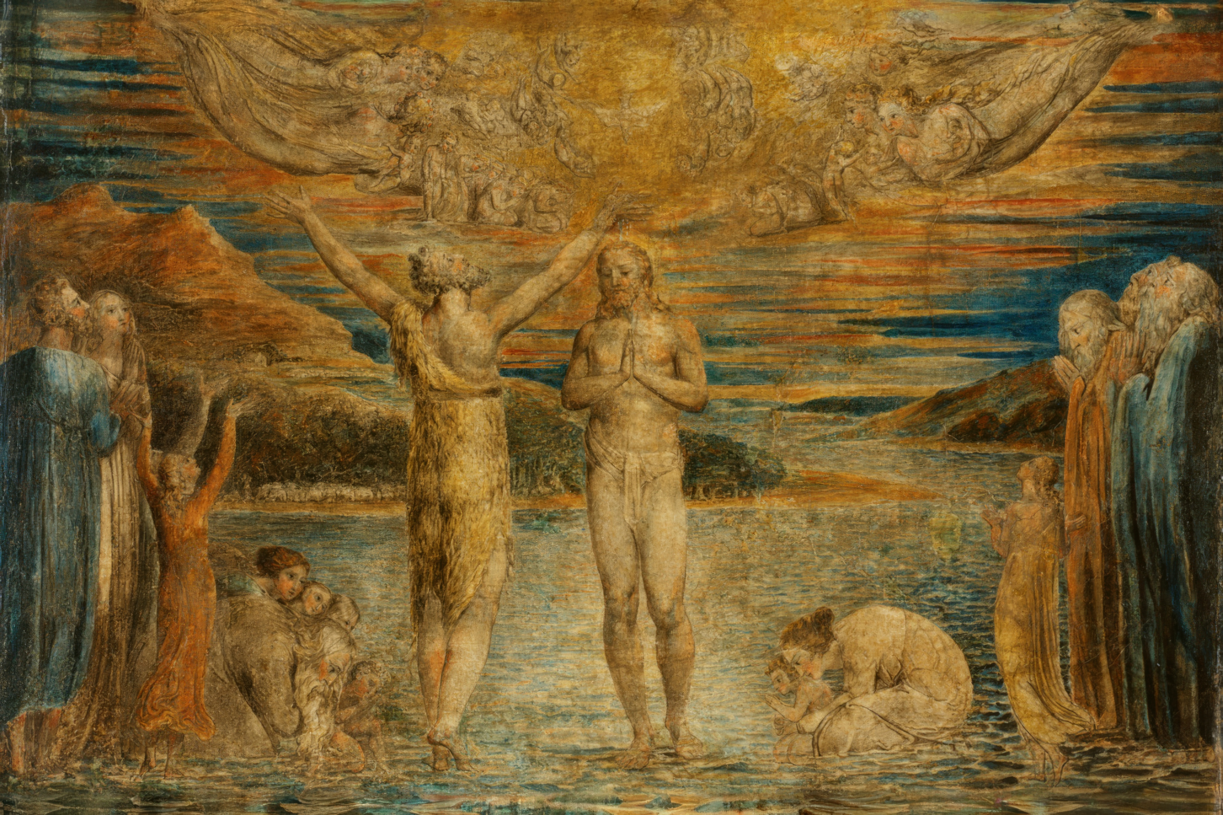 Christ stands in the river Jordan as golden light and angels pour down from above.