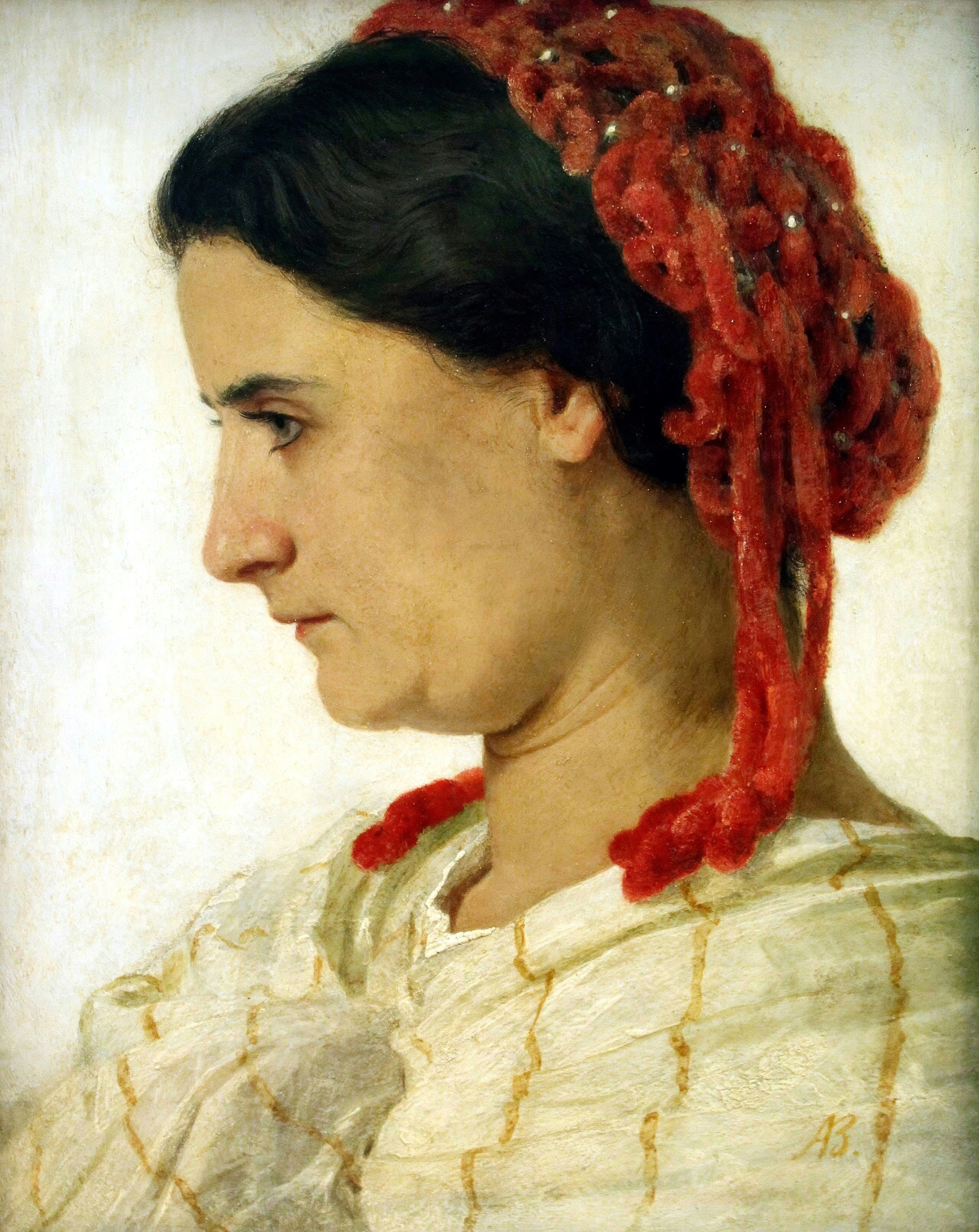 A woman in profile wears a bright red hairnet against a pale cream background.