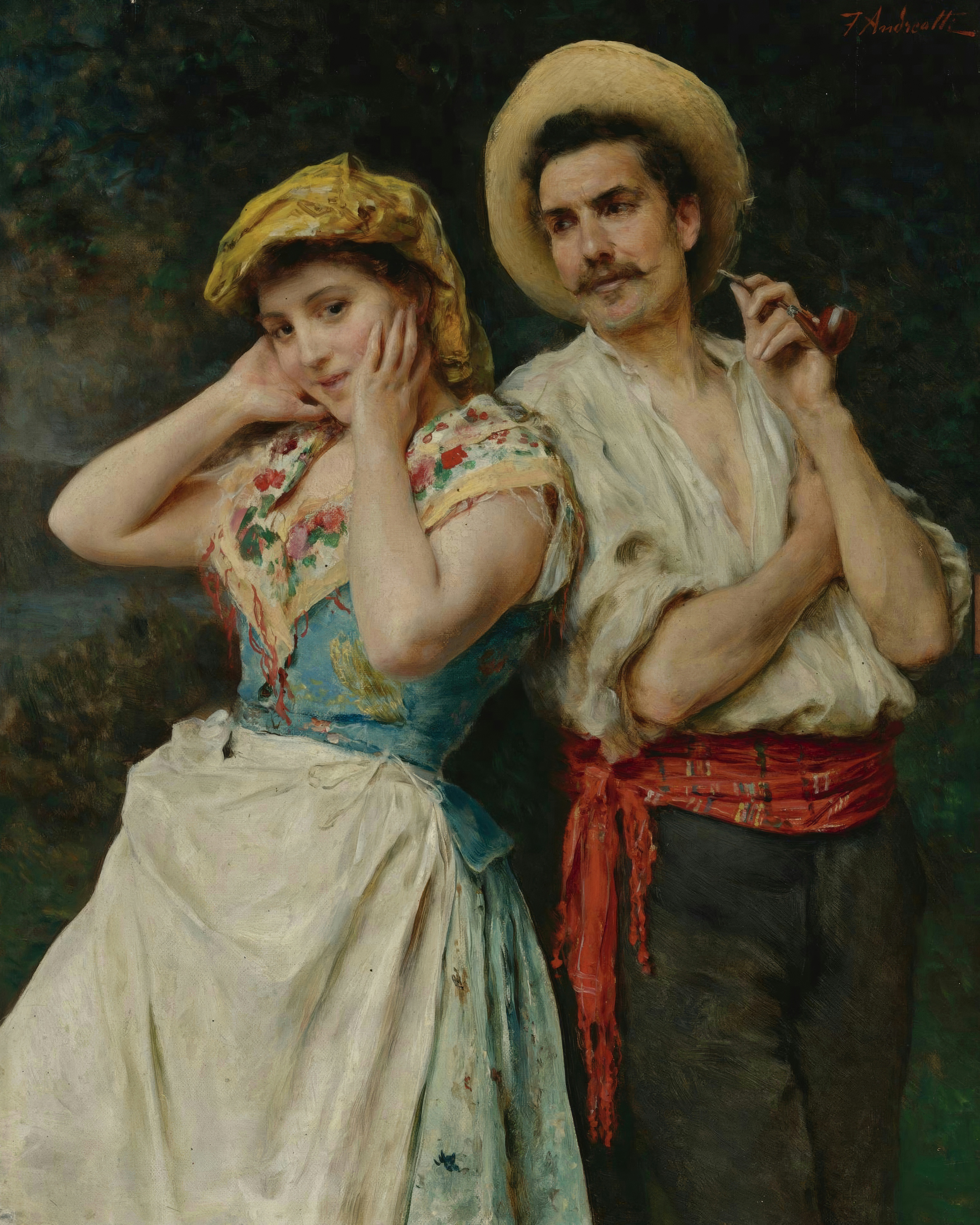 A young woman in a yellow cap with her hands to her cheeks smiling coyly beside a young man in a straw hat and red sash smoking a pipe; painted by Federico Andreotti.