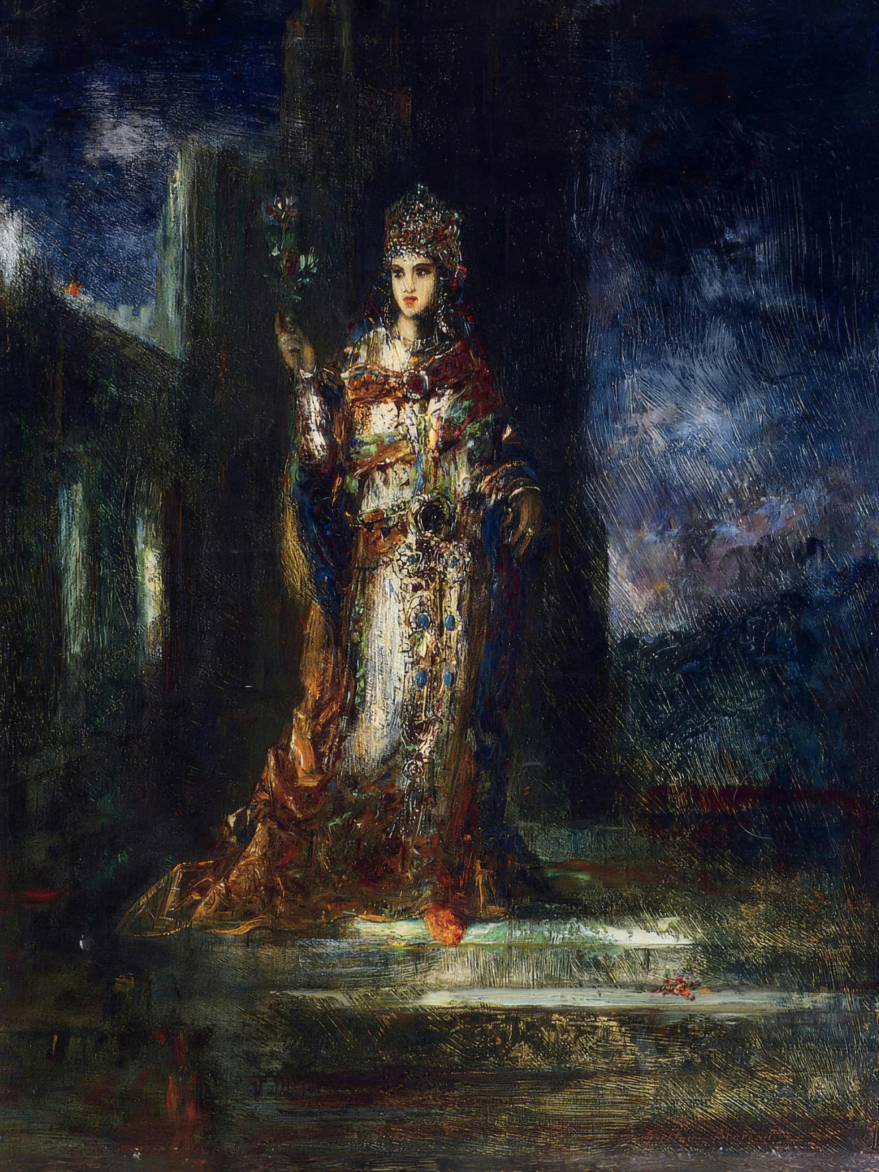 A crowned bride stands on stone steps under a dark, turbulent night sky.