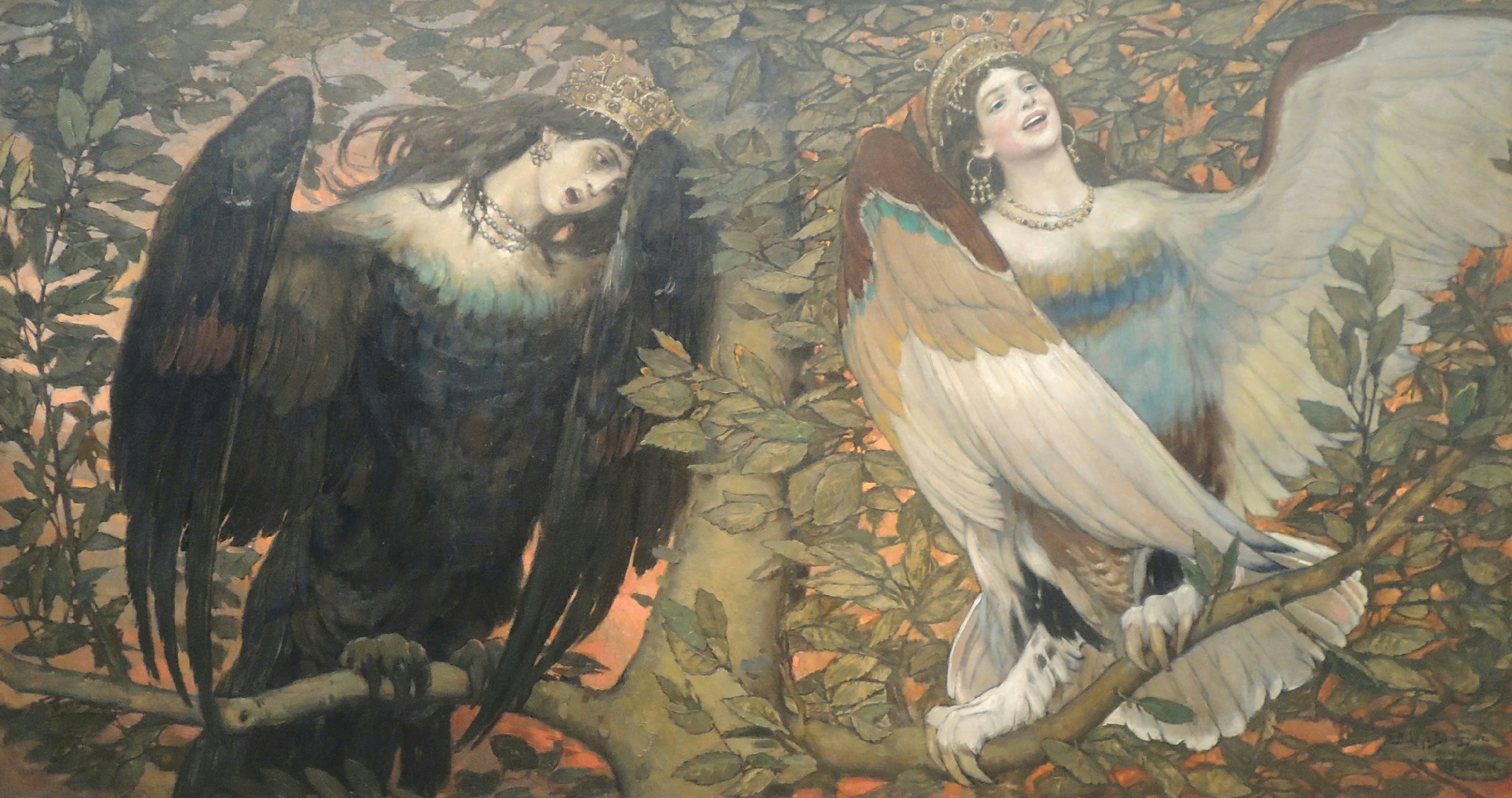 Two birds with women's heads perch on a branch: one dark and mourning, one pale and joyful.