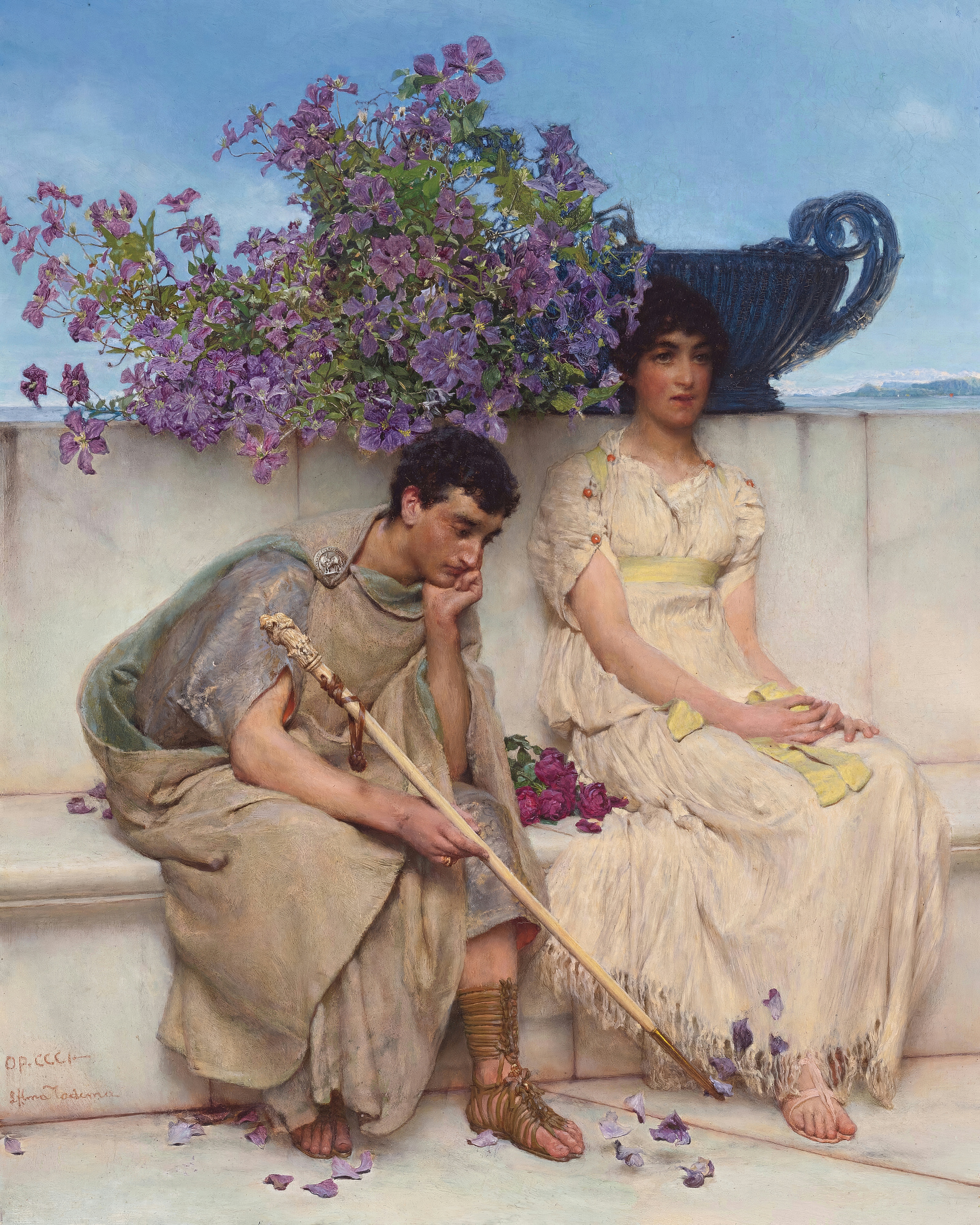 A young man and woman in classical robes sitting apart on a white marble bench under purple flowers, the blue sea beyond the wall; painted by Lawrence Alma-Tadema.