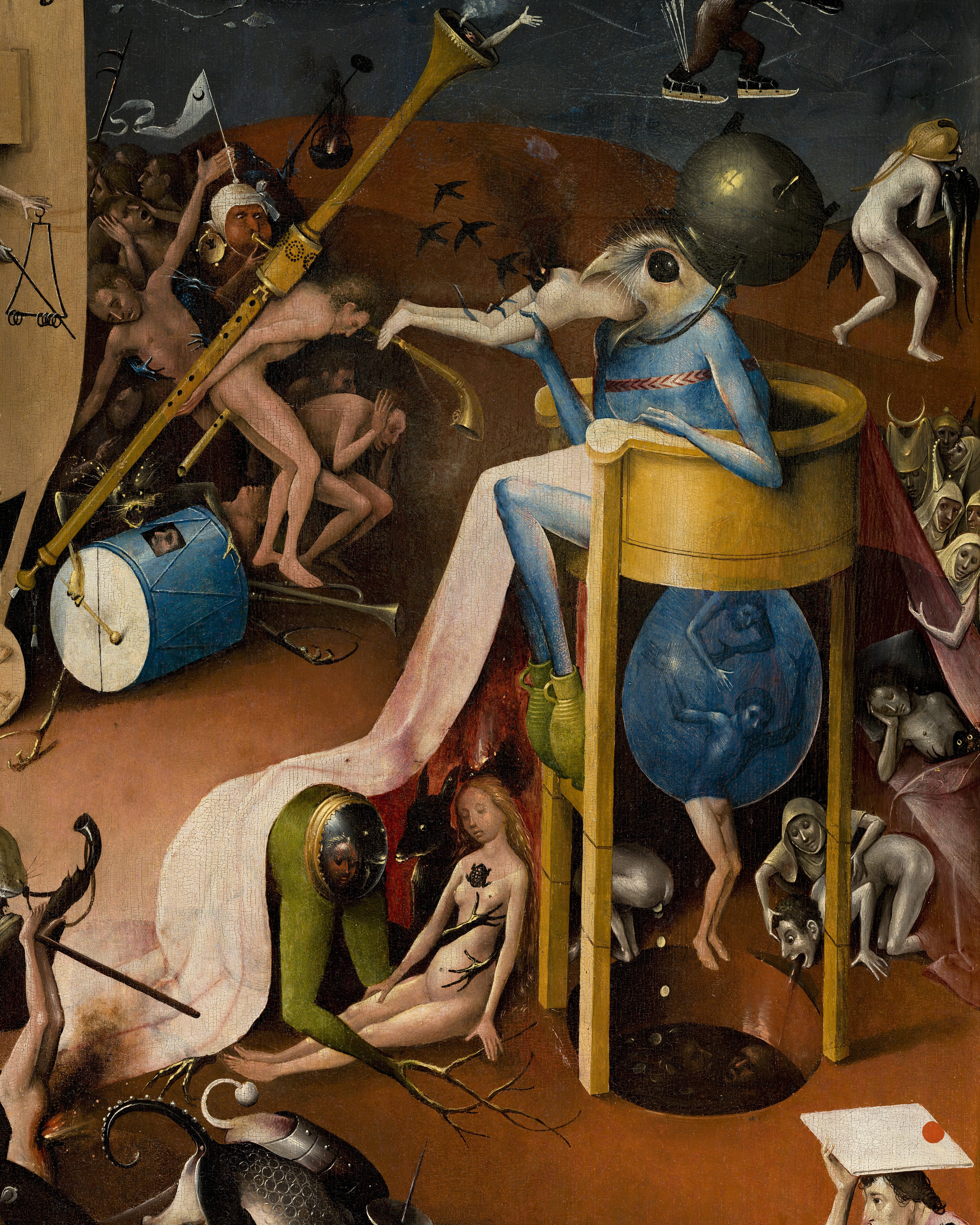 A blue bird-headed creature with a cauldron on its head, seated on a high chair in hell; detail of Bosch's Garden of Earthly Delights.