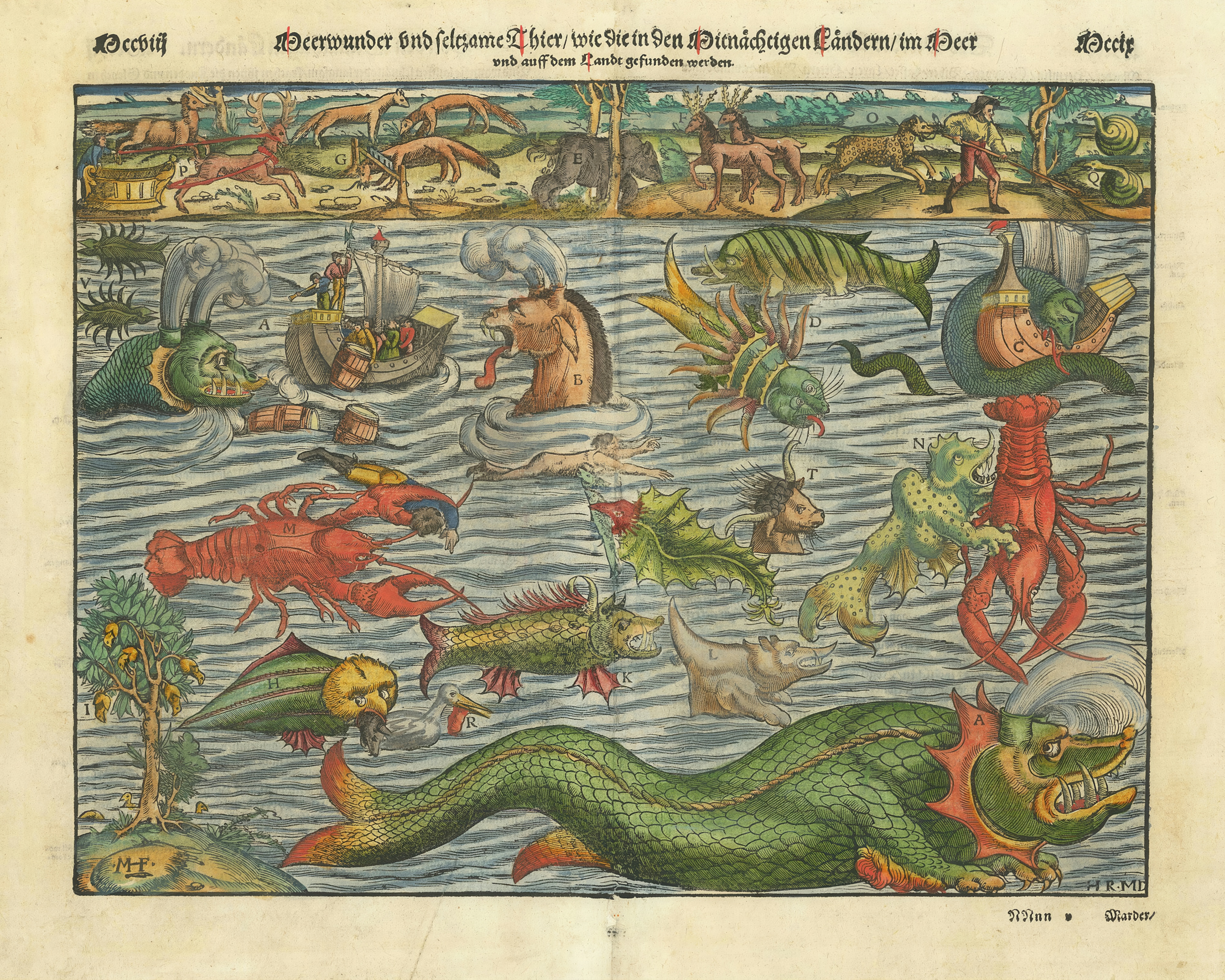 Sea serpents, giant lobsters and whales surround ships on a wide sea.