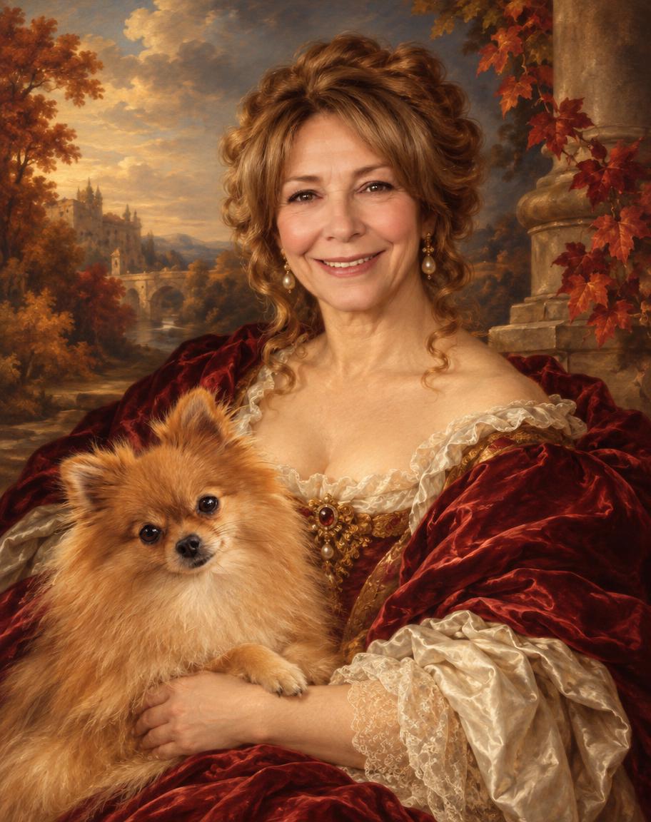 Current Royal Autumn catalogue example: a smiling woman in crimson velvet and cream lace holds a Pomeranian, with autumn trees, a river and a distant castle behind her.