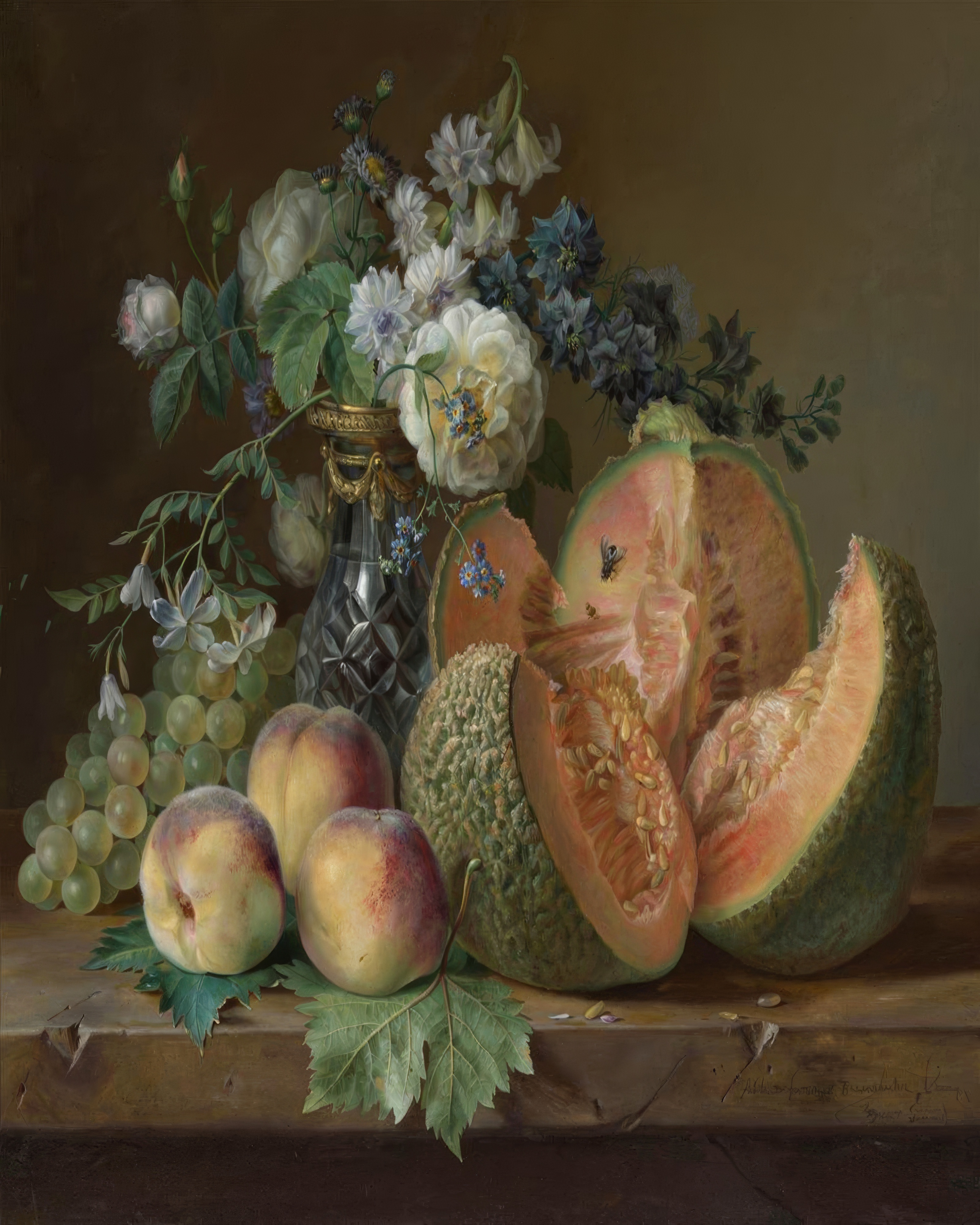 A sculpted urn overflowing with summer flowers beside a melon, peaches and grapes.