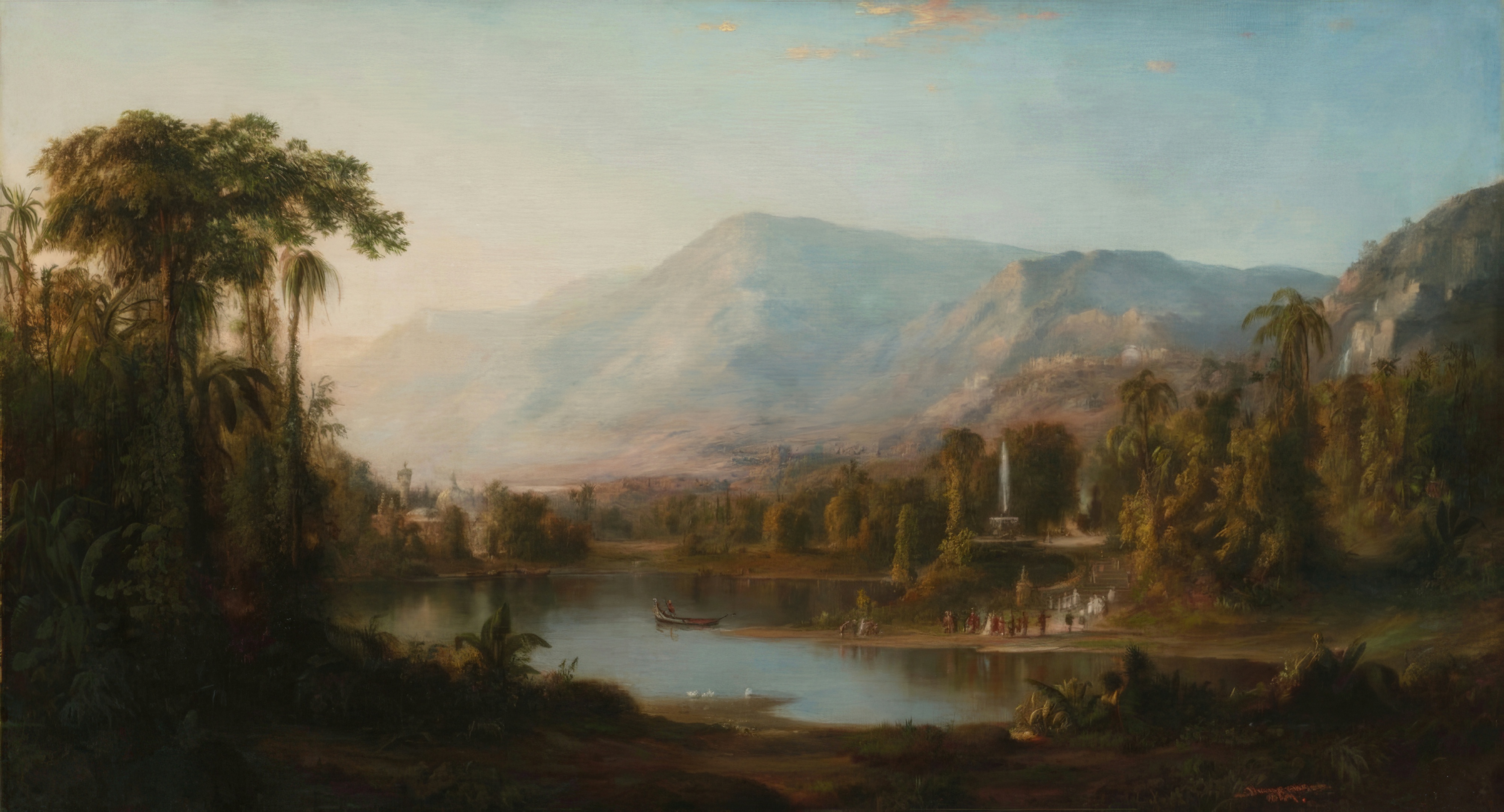 A peaceful valley with a lake, trees and distant mountains under a warm, glowing sky.