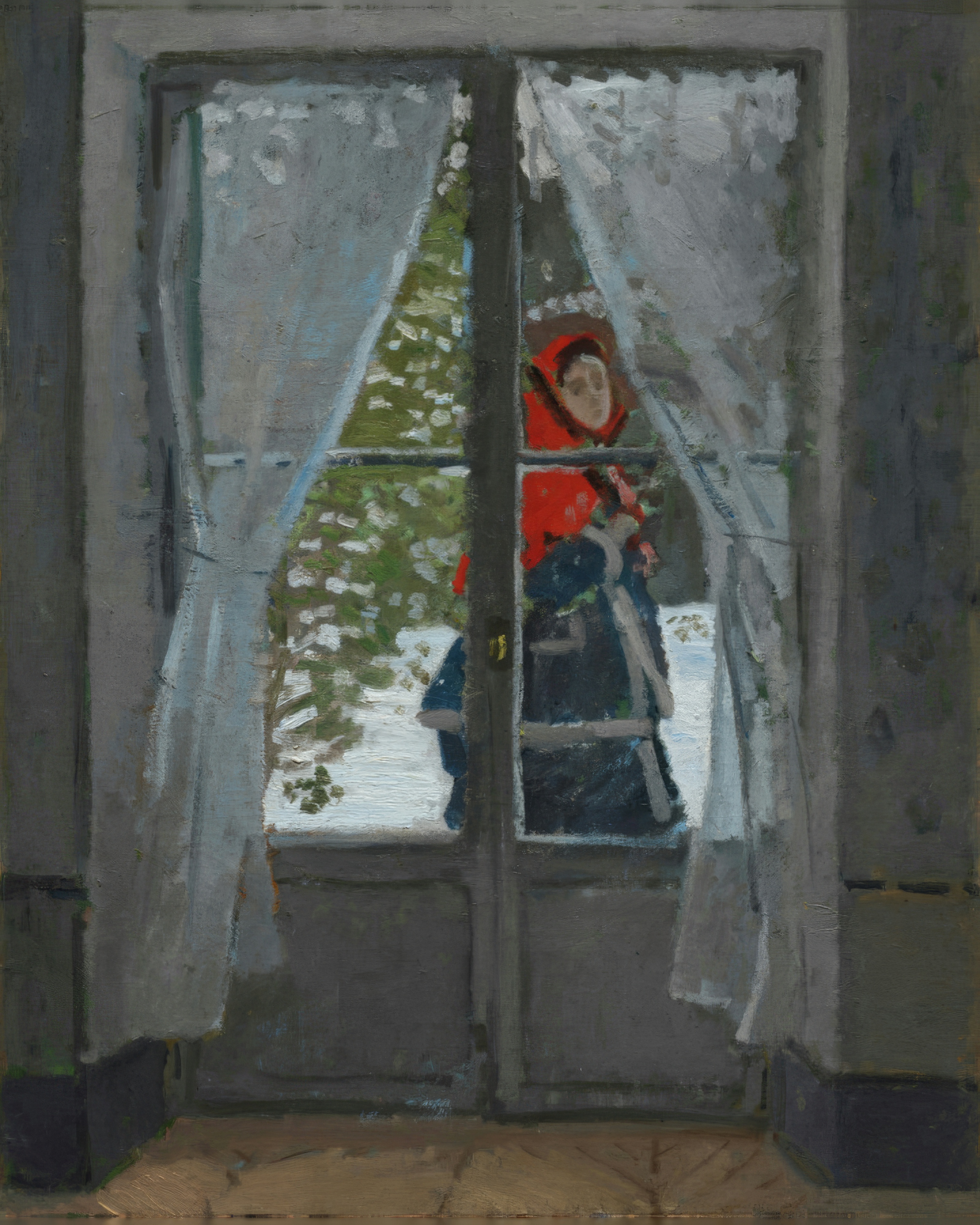 Through a snowy window, a woman in a red hood hurries past outside.