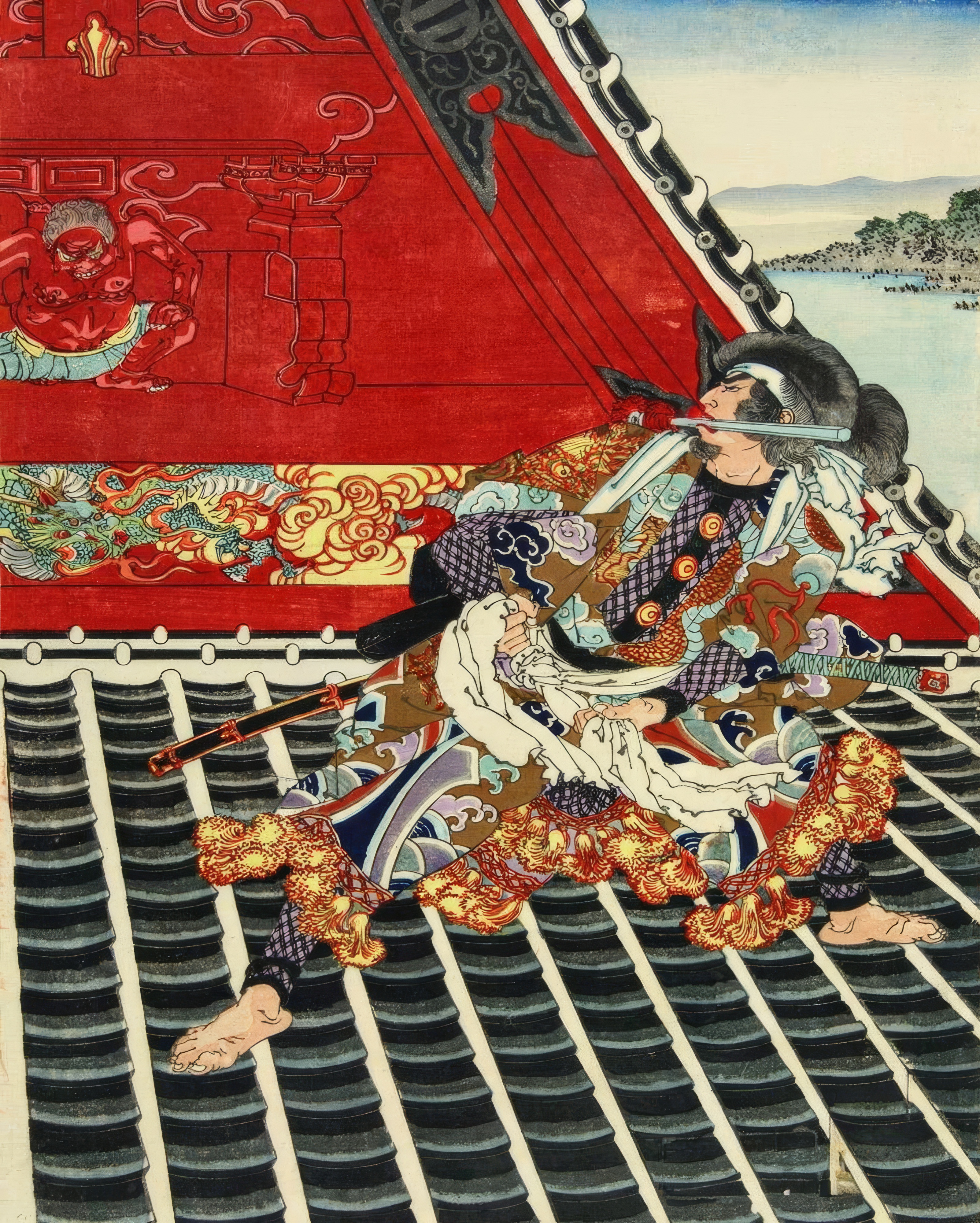 Two warriors duel on the steep roof of the Hōryūkaku tower.