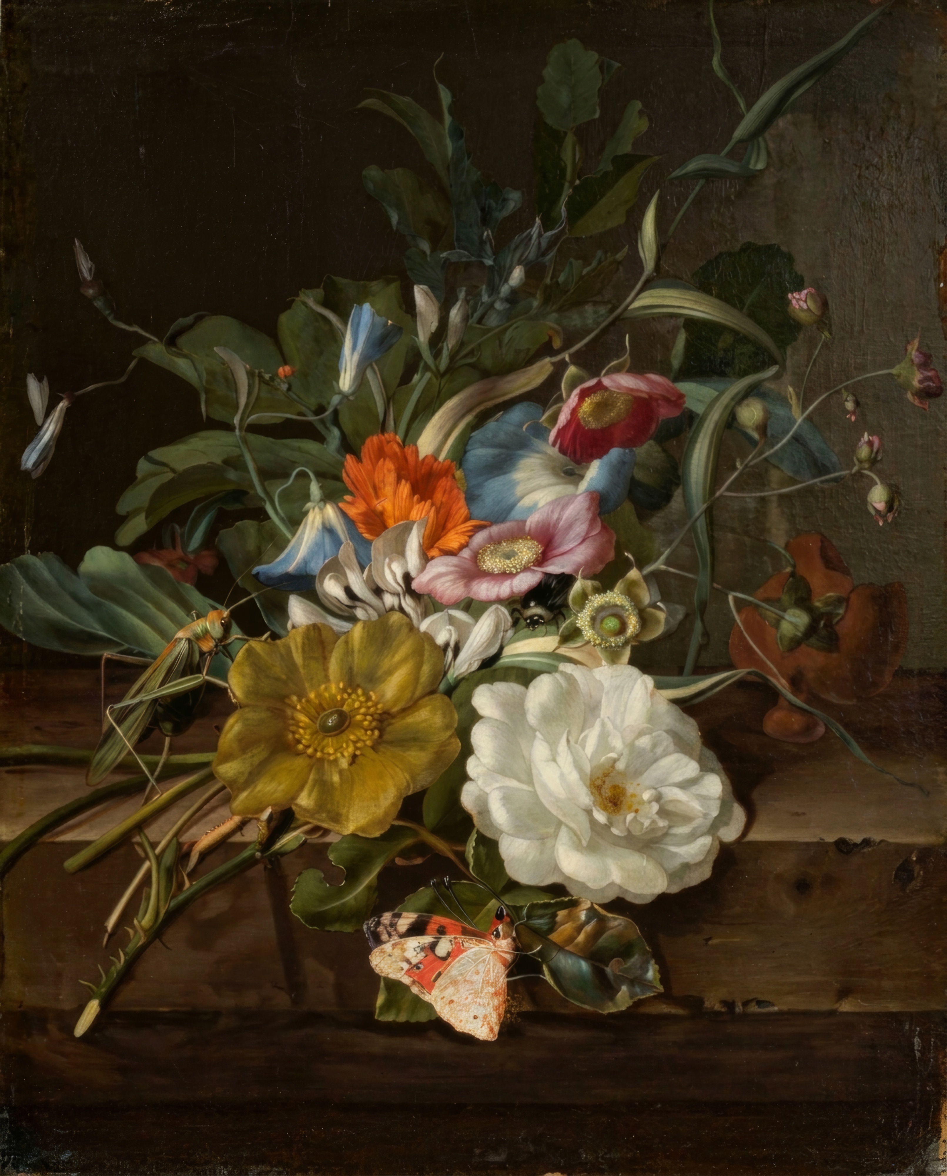 A spray of roses, poppies and tulips sweeps out of a dark background.