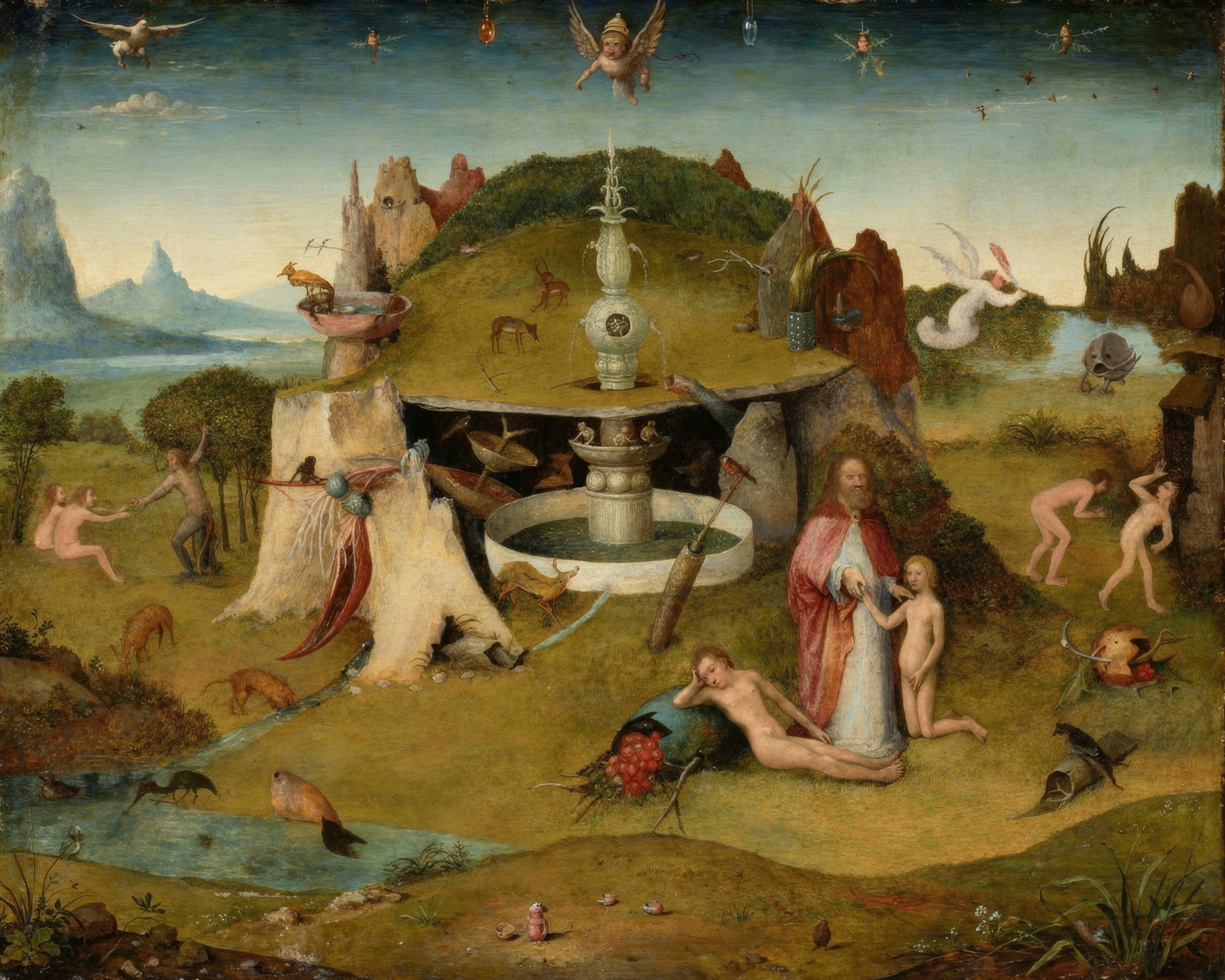 A fantastical paradise landscape with a central fountain, animals and small figures among green hills.