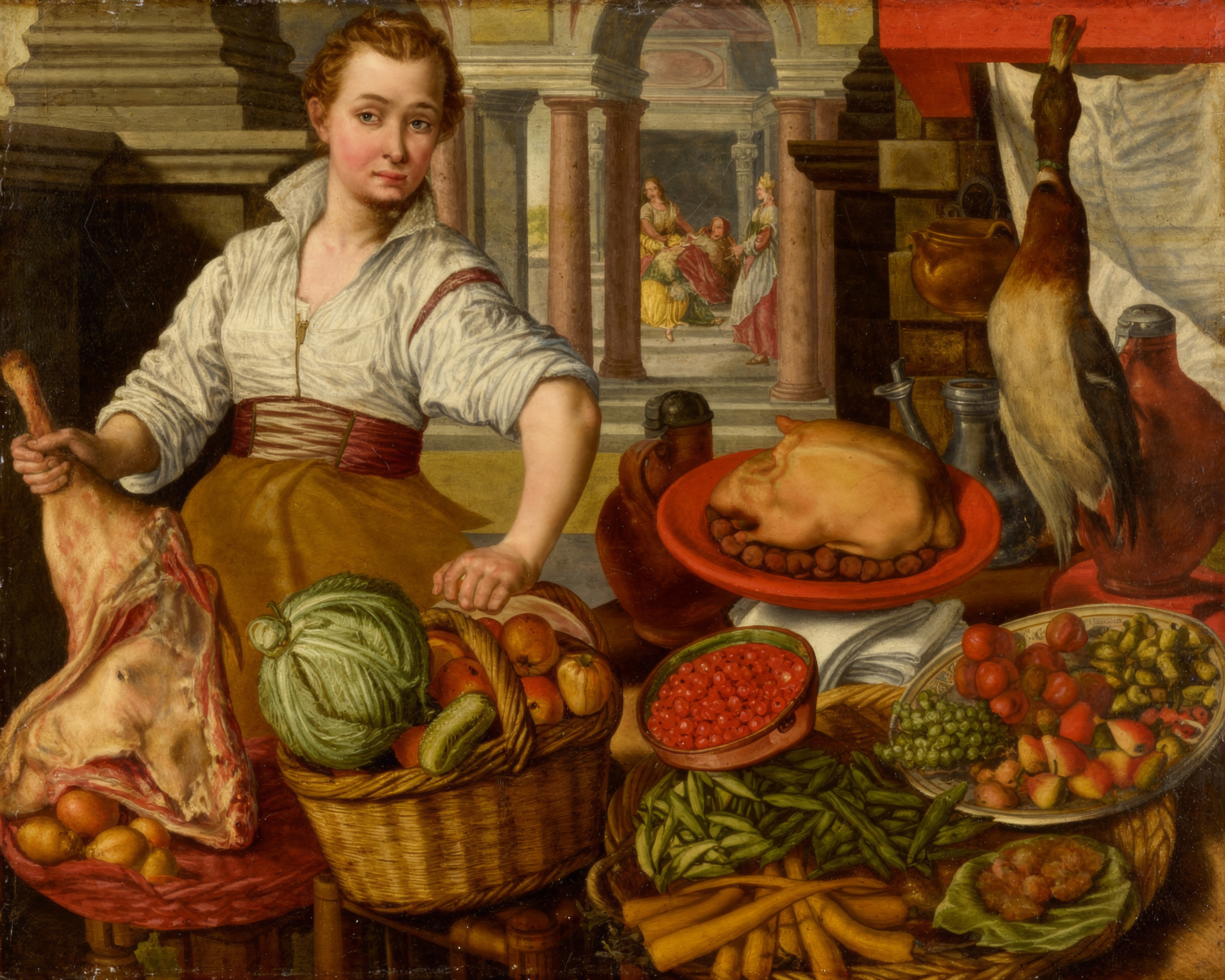 A kitchen maid among game birds, fish, artichokes and pears, with a small scene of Christ, Martha and Mary in the background.