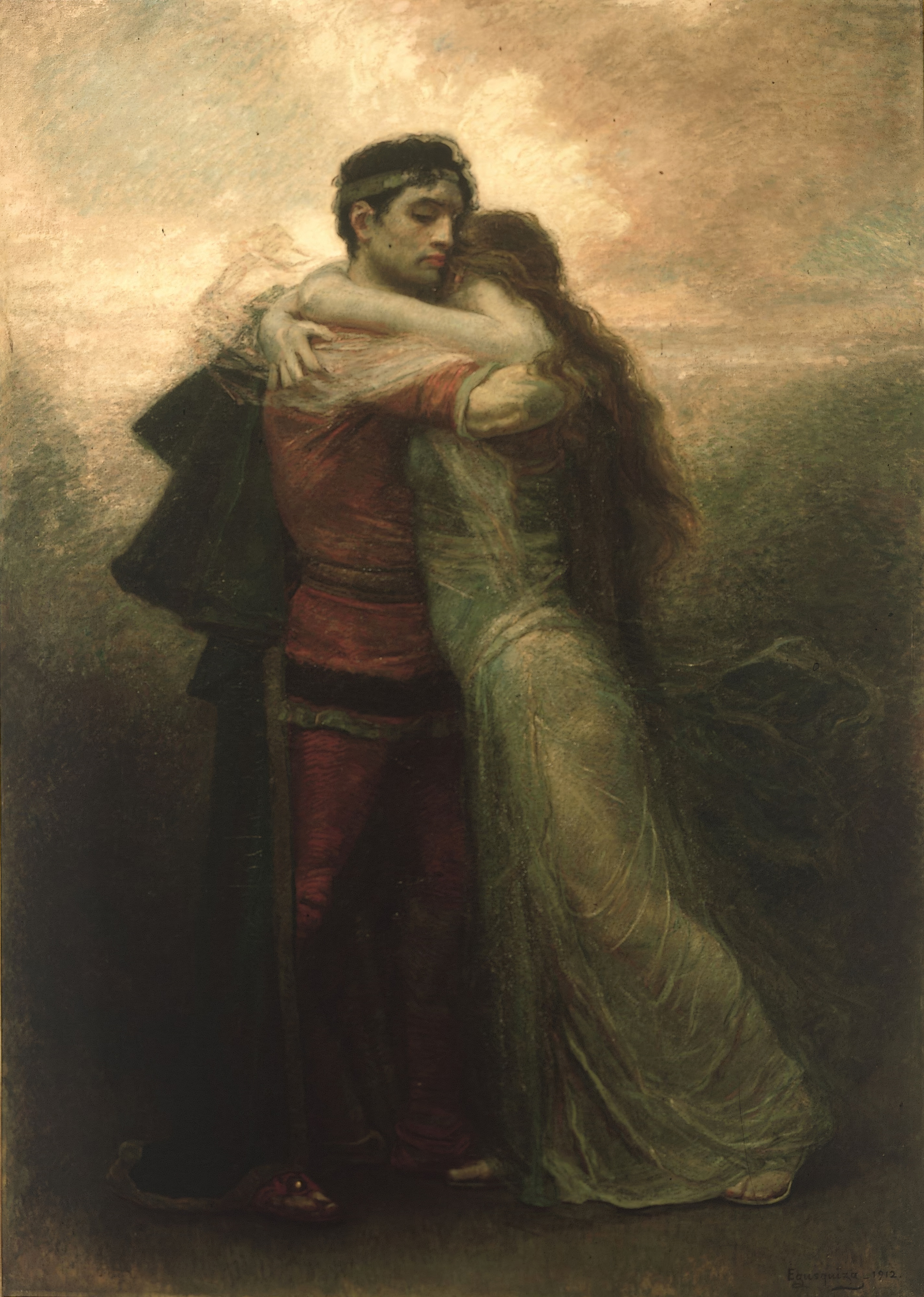 Tristan in a dark red tunic and a crown holding Isolde, whose long hair falls down her back, in a deep embrace against a misty background; painted by Rogelio de Egusquiza.