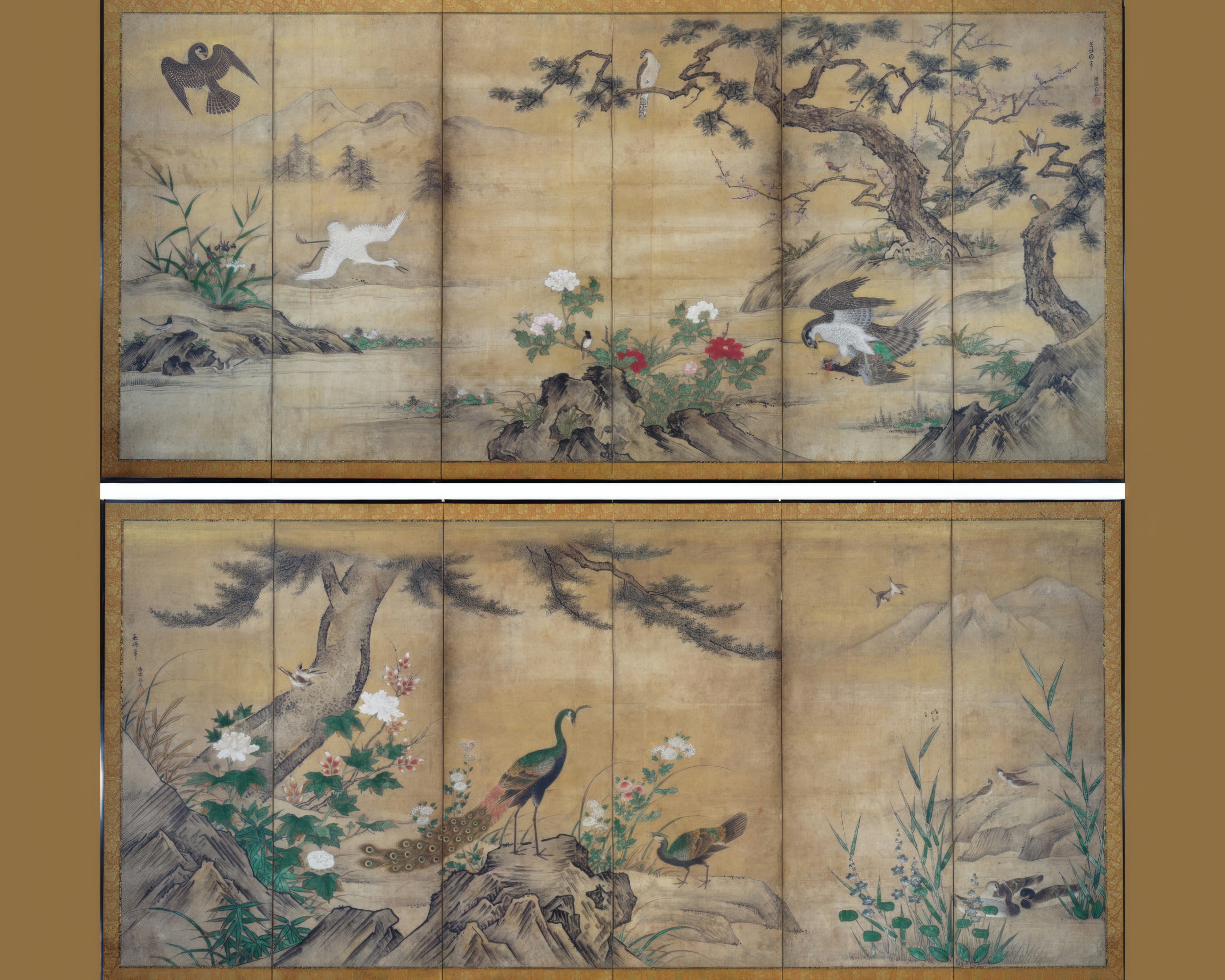 Two gold-ground Japanese screens, presented one above the other, with trees, birds, flowers and open landscape; Fable catalogue edition.