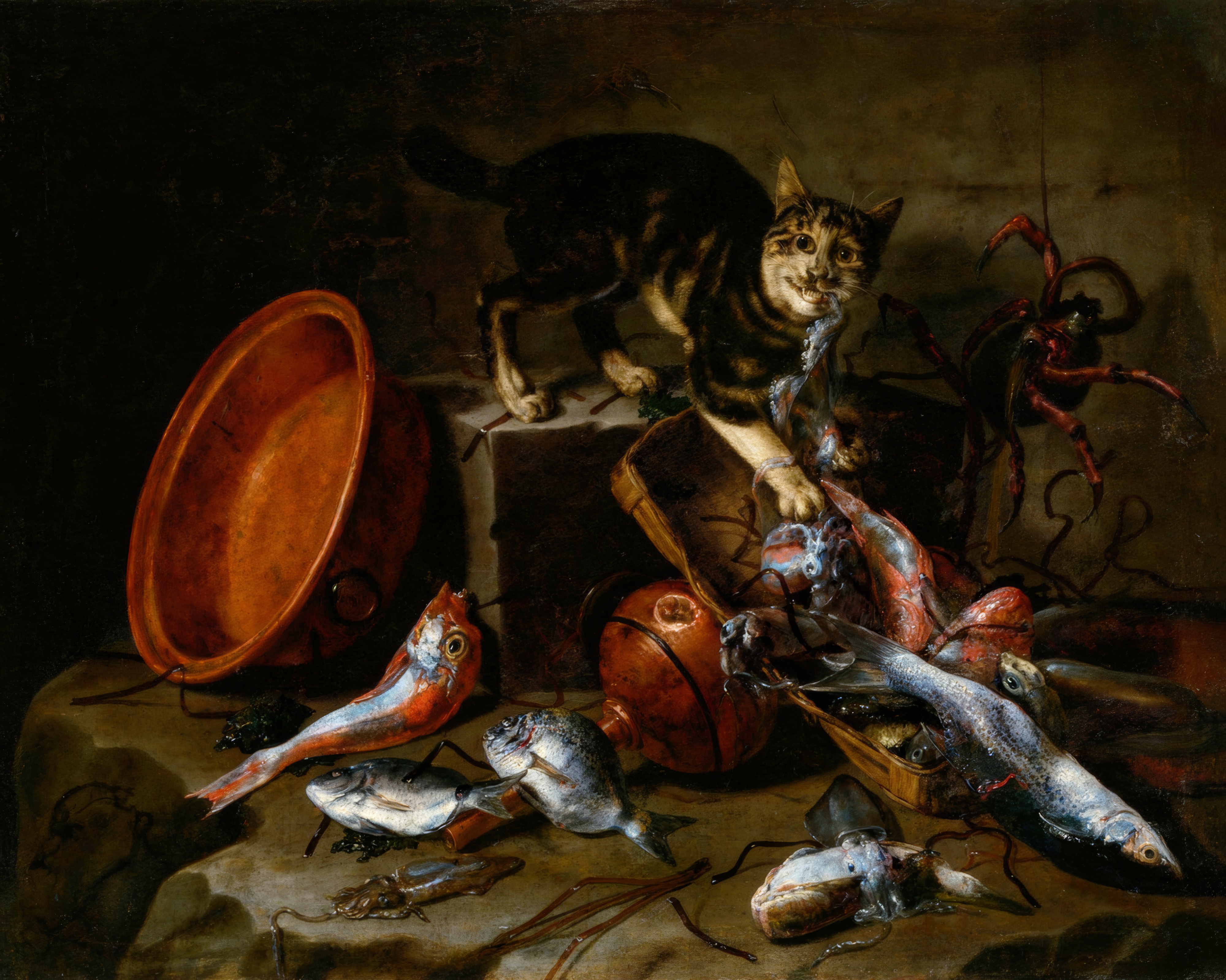 A cat makes off with a fish from a kitchen table laden with fish and a copper pot.