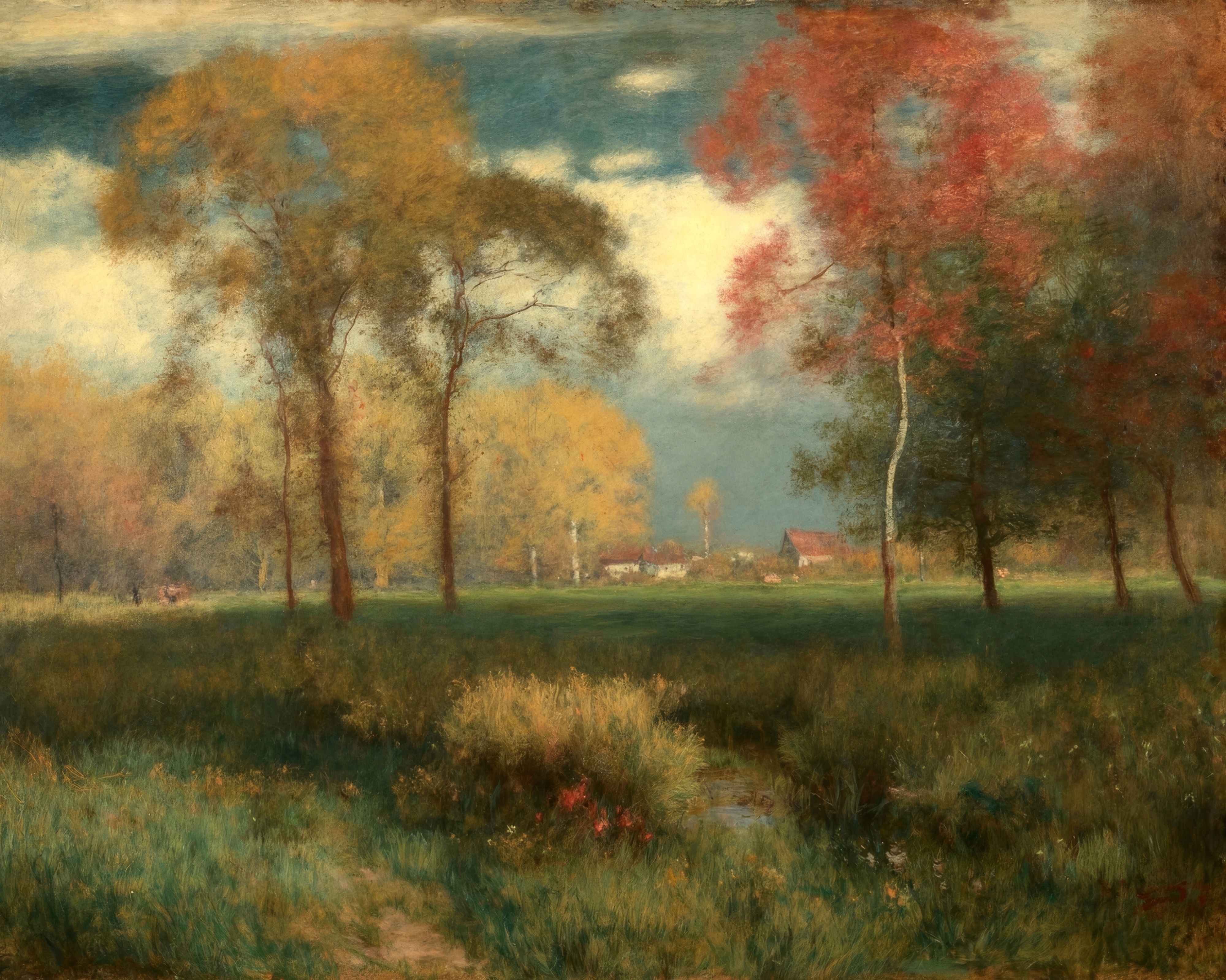 A single tree with russet and gold leaves stands in a hazy pasture under a pale luminous sky.