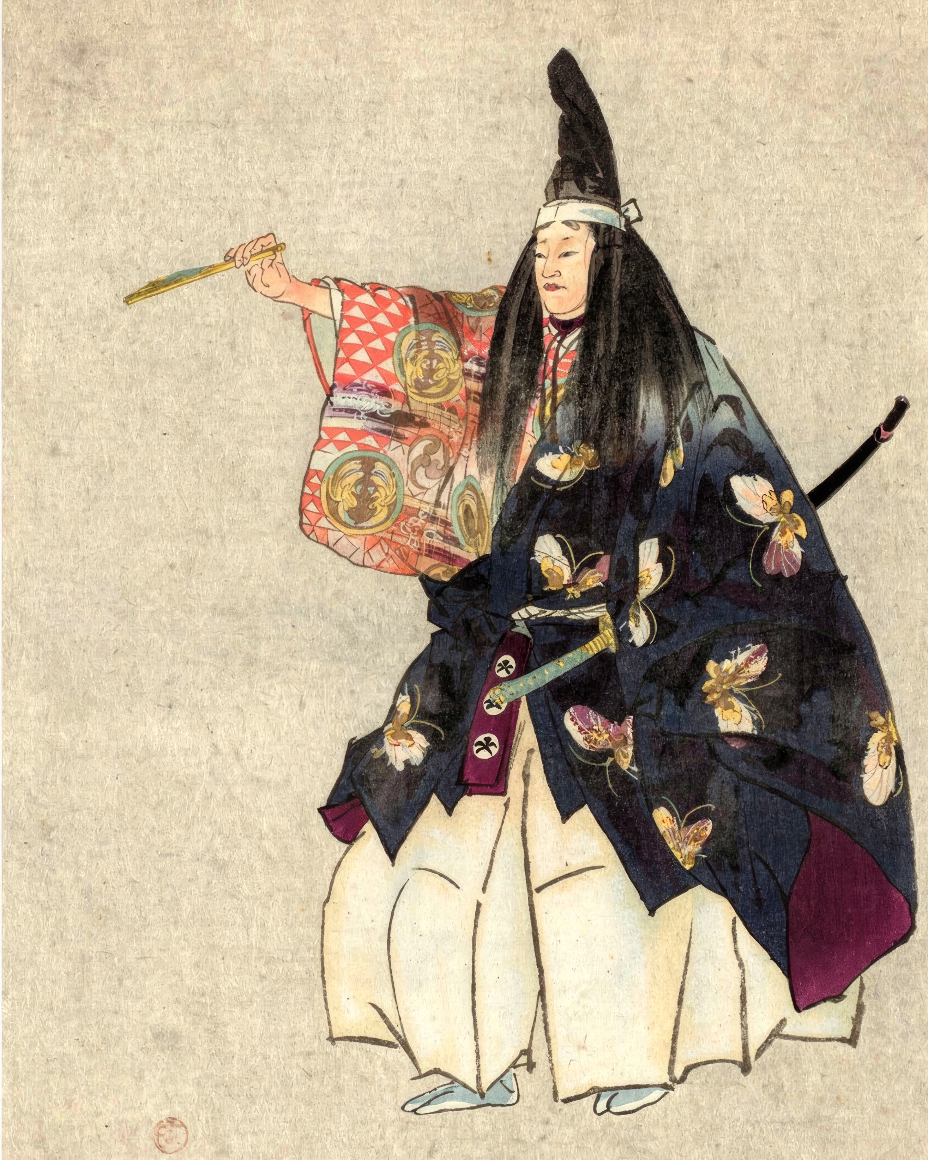 A Noh actor in a magnificent costume holds a flute before a gold ground and a single pine.