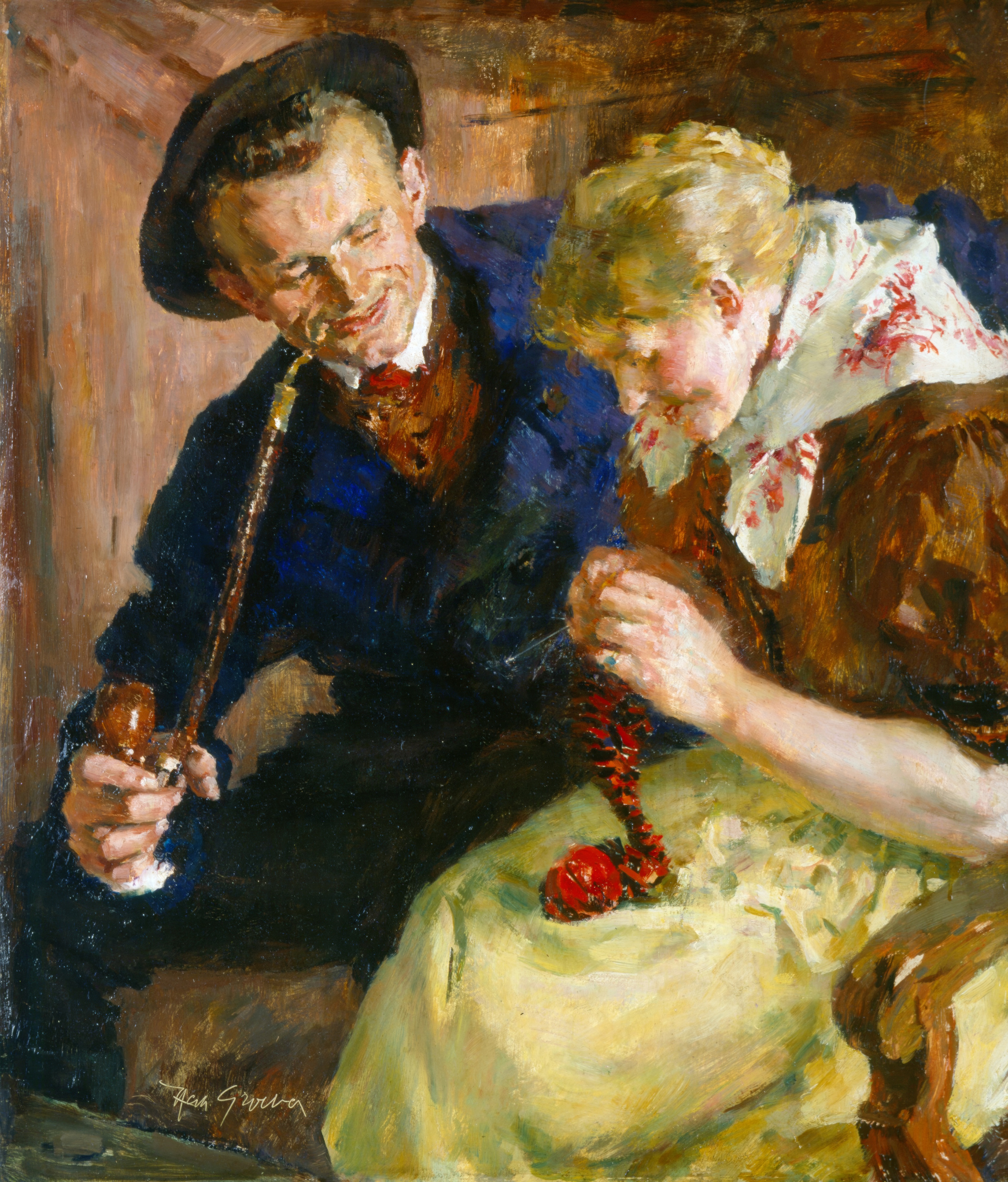 A young man with a long pipe and a black hat sitting close beside a young woman in a flowered kerchief and yellow skirt; painted by Hermann Groeber.